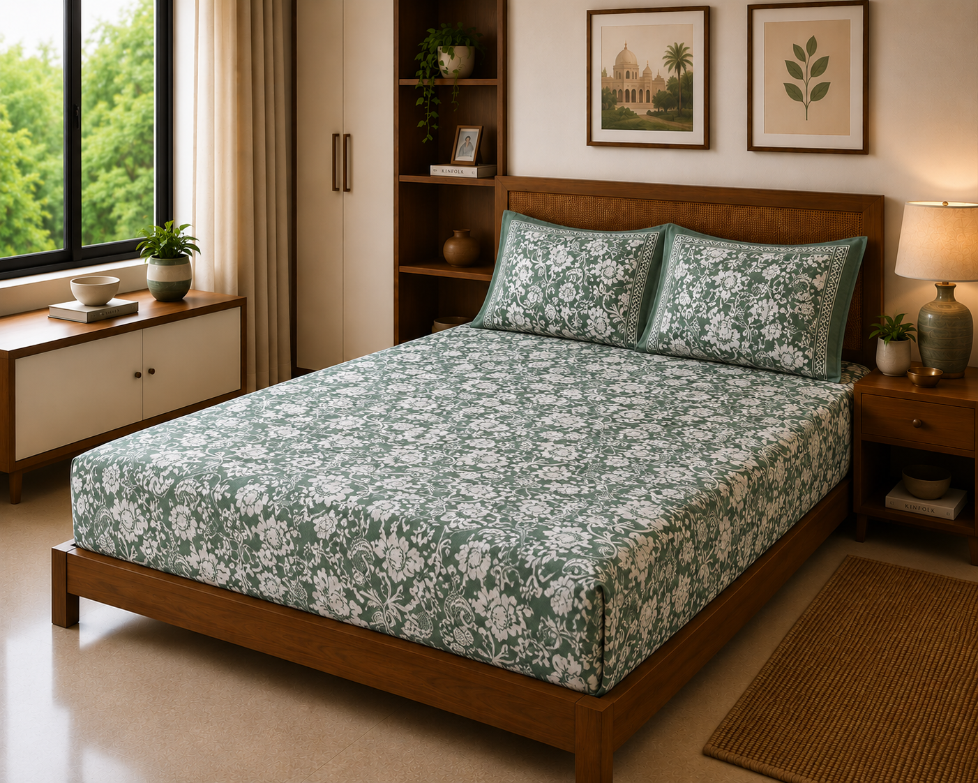 Sage Floral Garden – 100% Cotton Bed Sheet 120 TC
