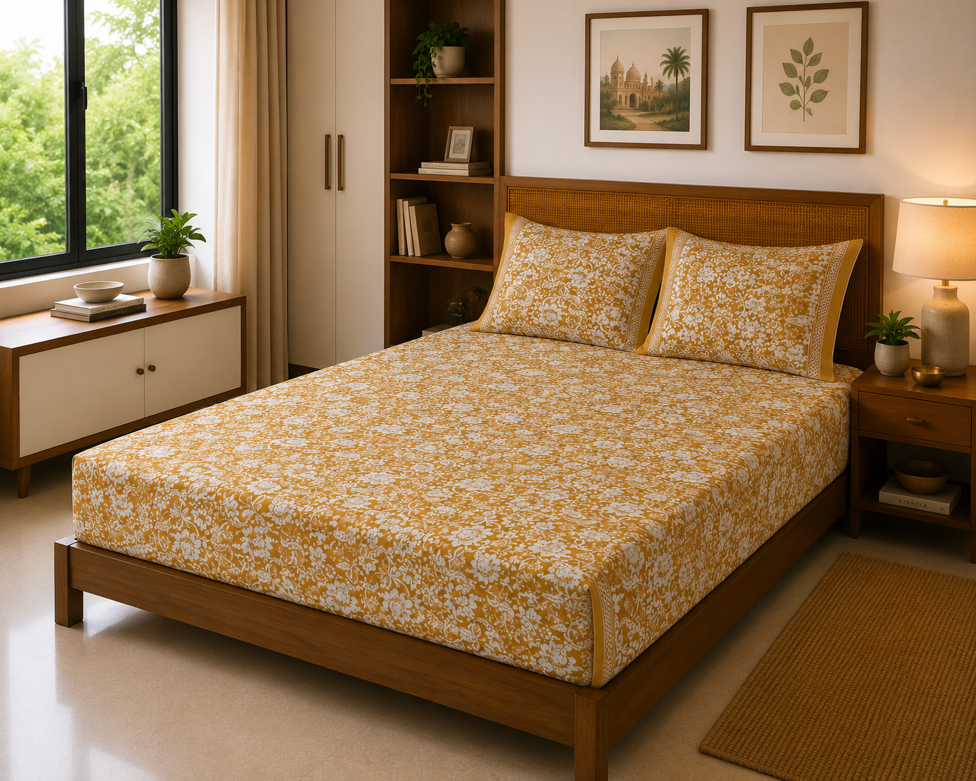 Golden Bloom Floral – 120 TC Luxe Bed Sheet