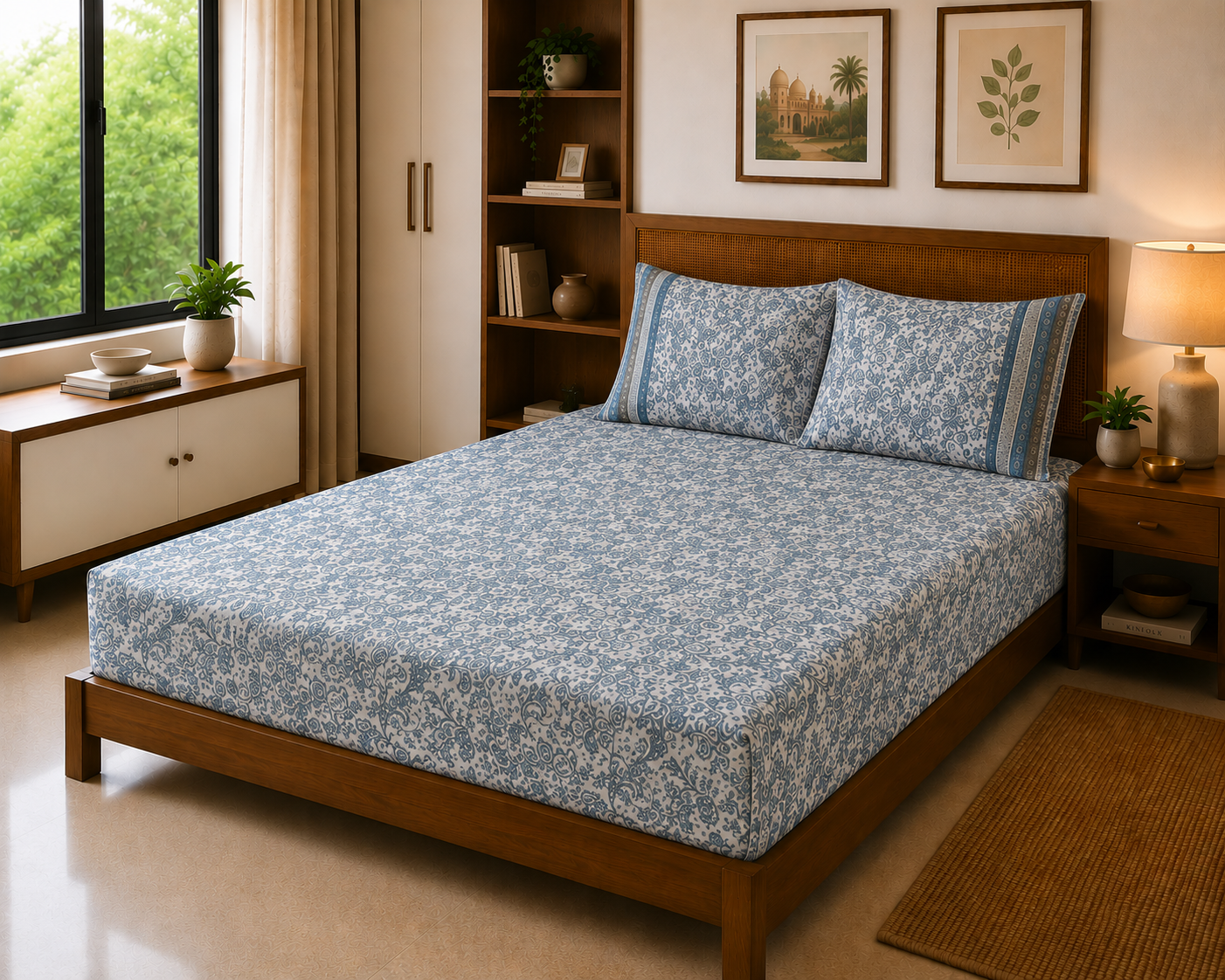 Classic Blue Floral – 3 Piece Cotton Bed Sheet Set 180 TC