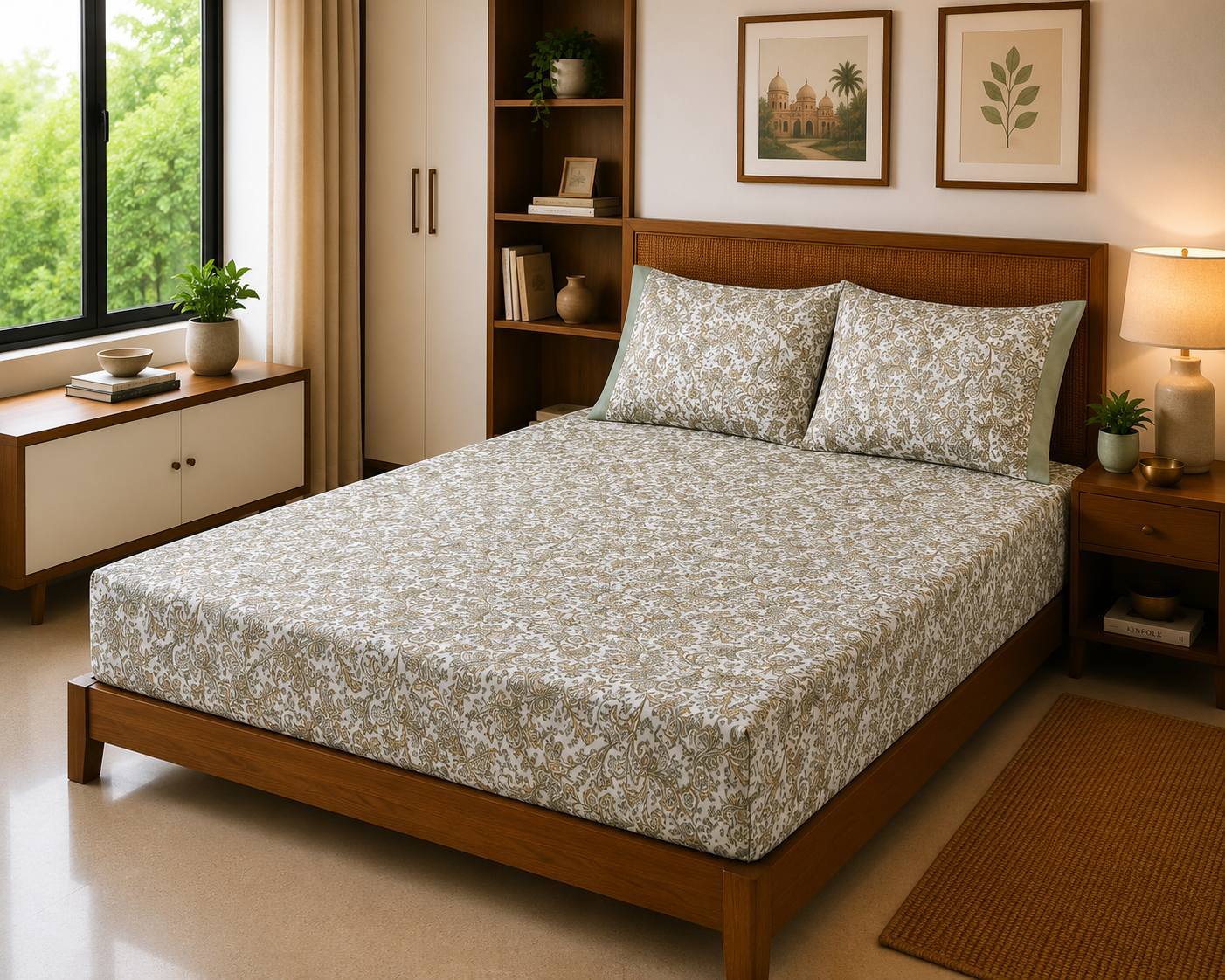 Sage Floral Garden – 100% Cotton Bed Sheet Set 180 TC