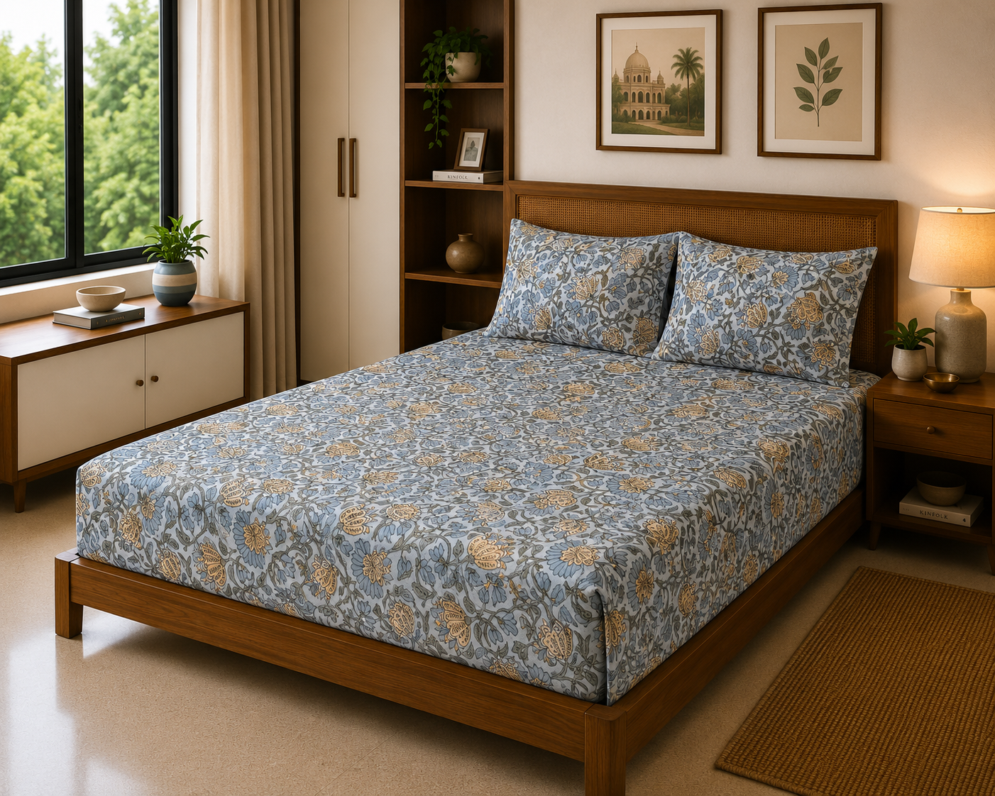 Aqua Bloom Garden – 180 TC Cotton Bed Sheet