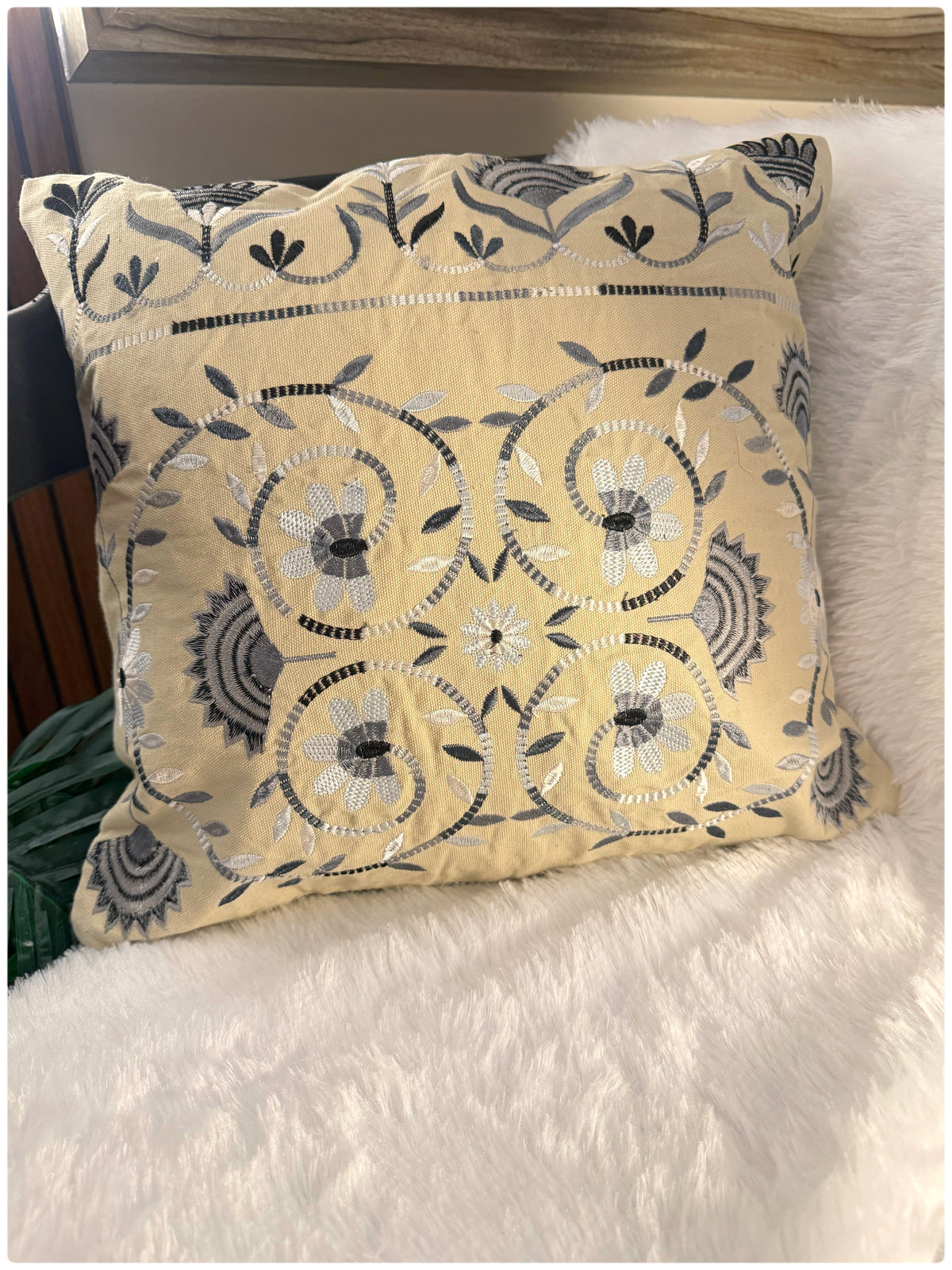 Beige & Grey Embroidered Cushion Cover
