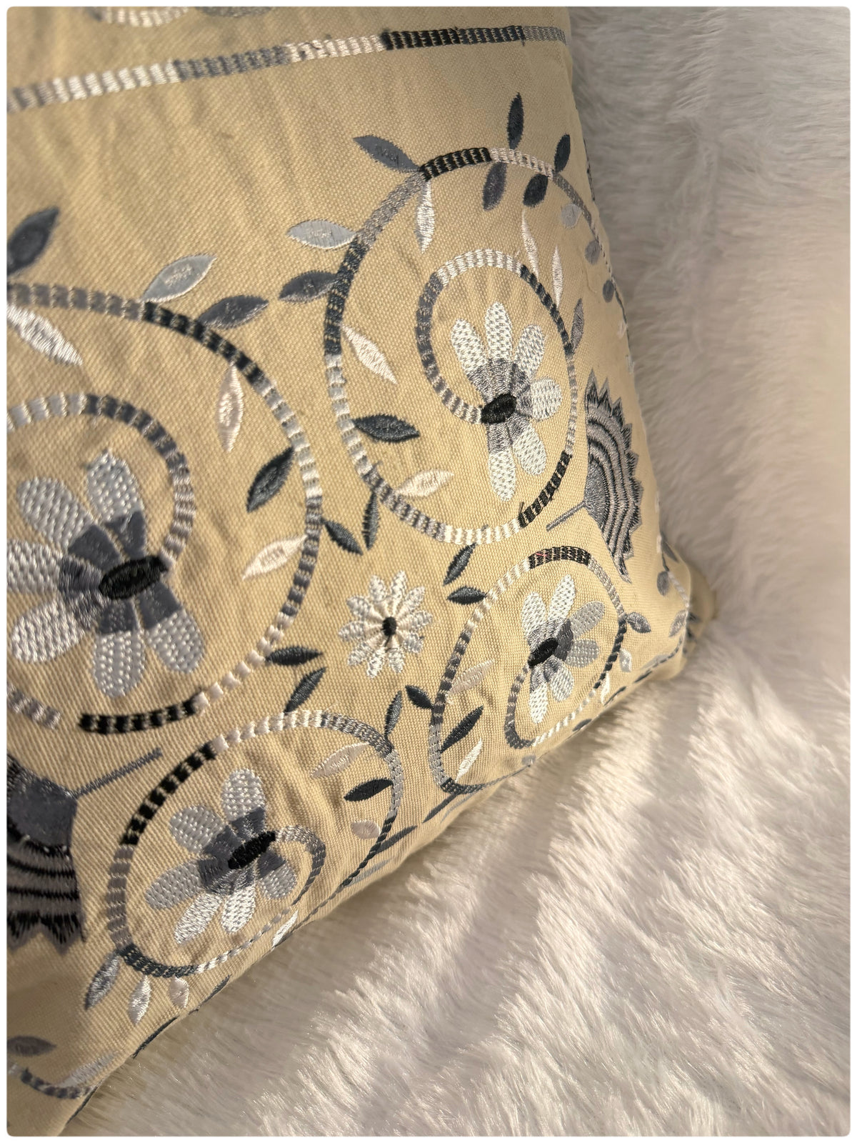 Beige & Grey Embroidered Cushion Cover