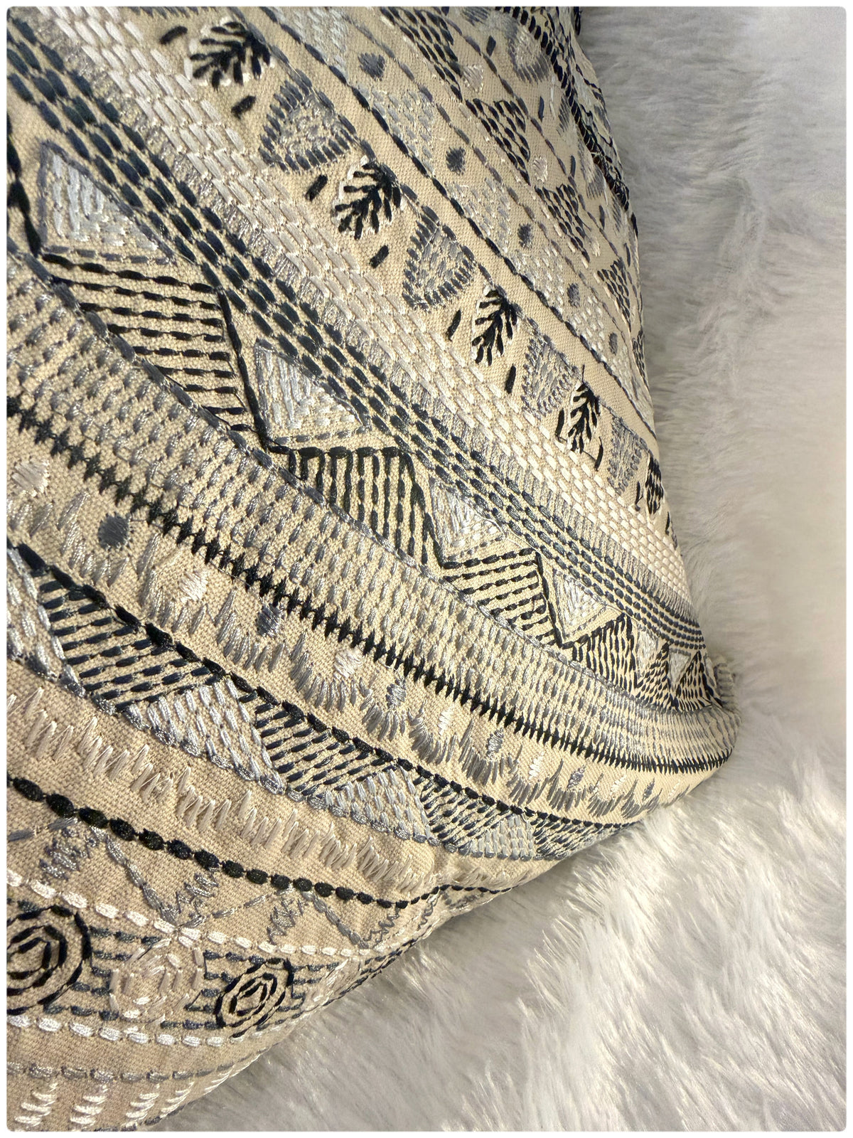 Beige & Black Embroidered Cushion Cover