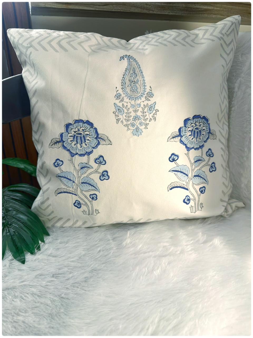 Blue & Grey Handblock Cushion Cover