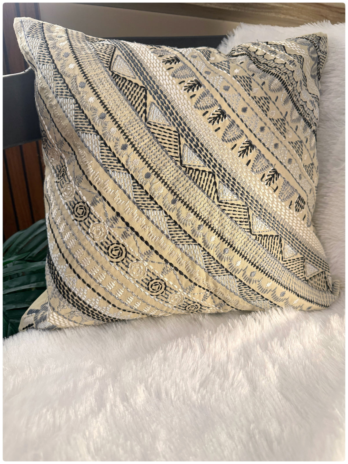 Beige & Black Embroidered Cushion Cover