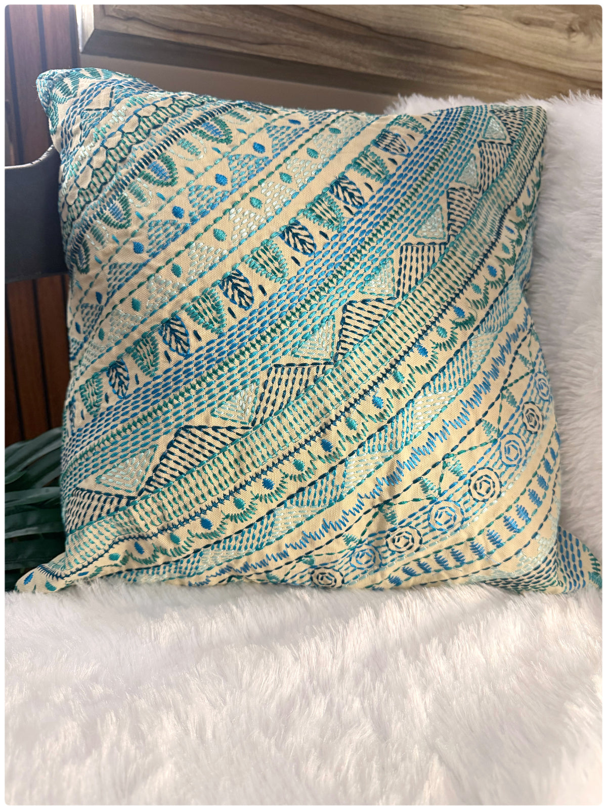 Beige & Blue Embroidered Cushion Cover