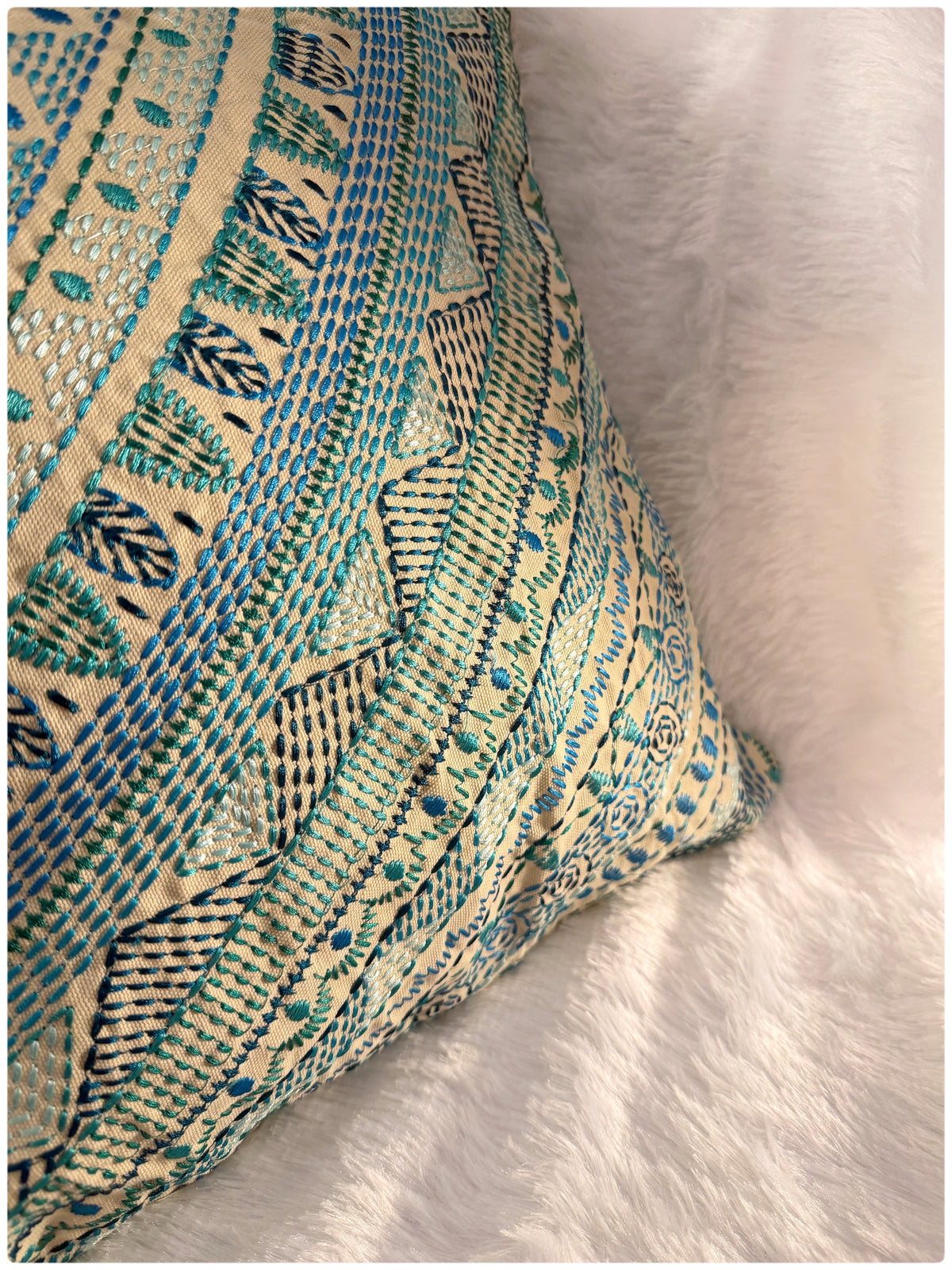 Beige & Blue Embroidered Cushion Cover