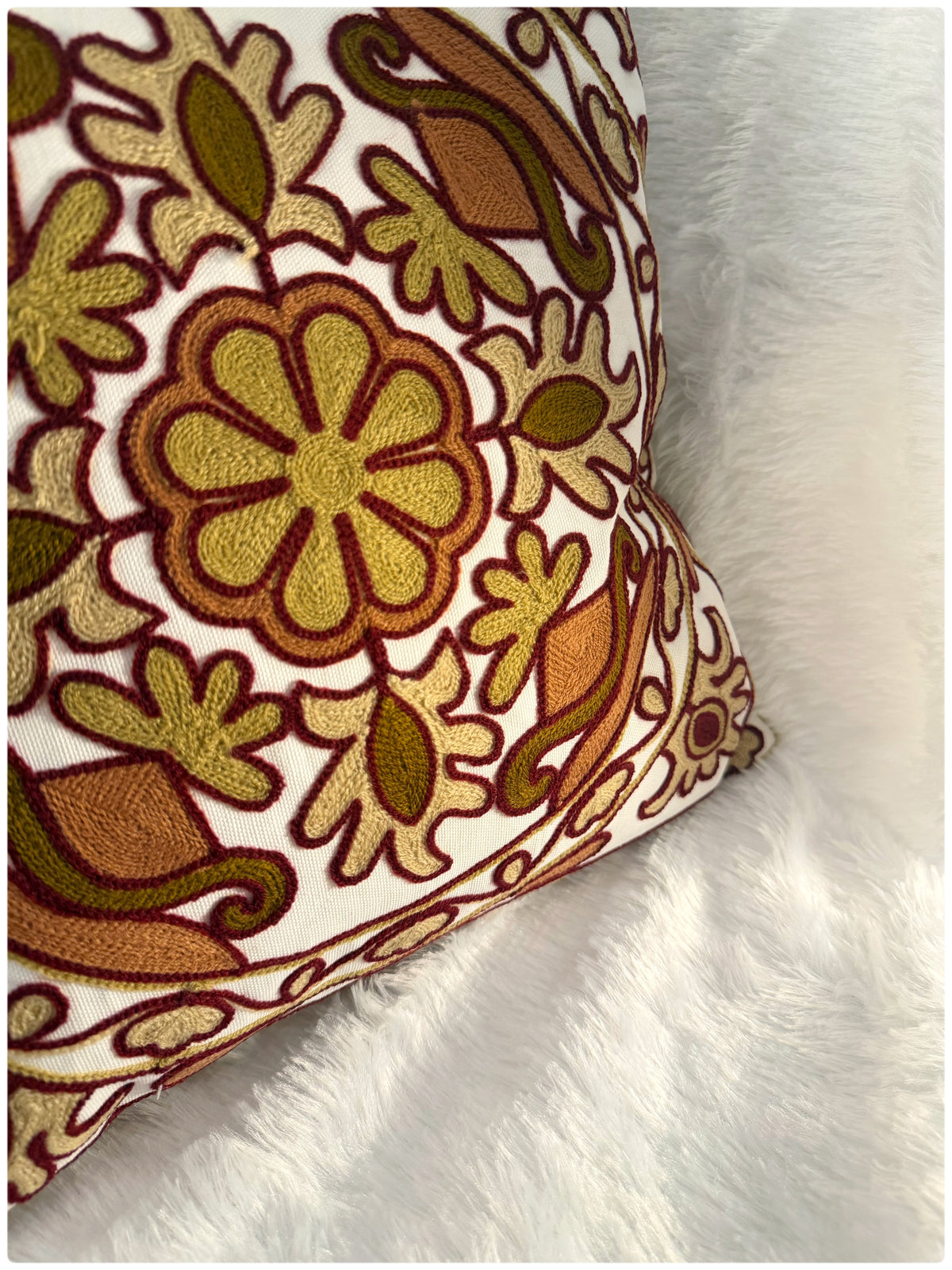 White & Brown Embroidered Cushion Cover