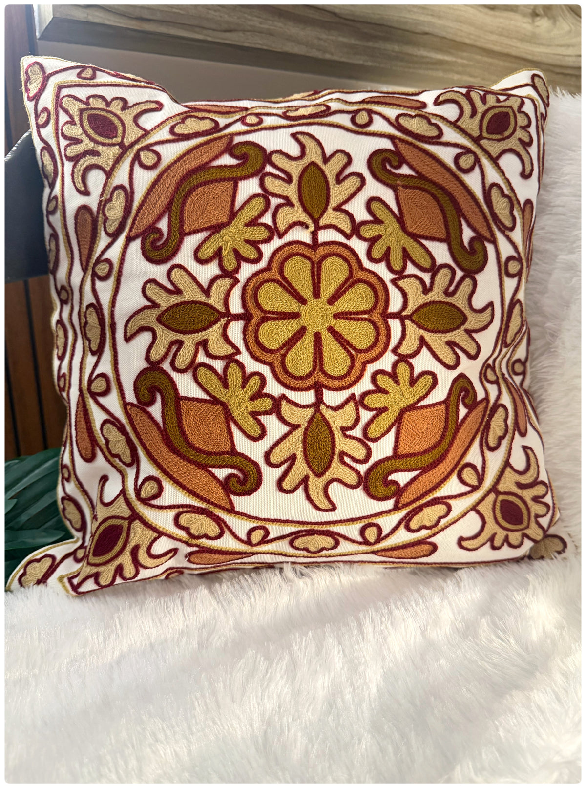 White & Brown Embroidered Cushion Cover