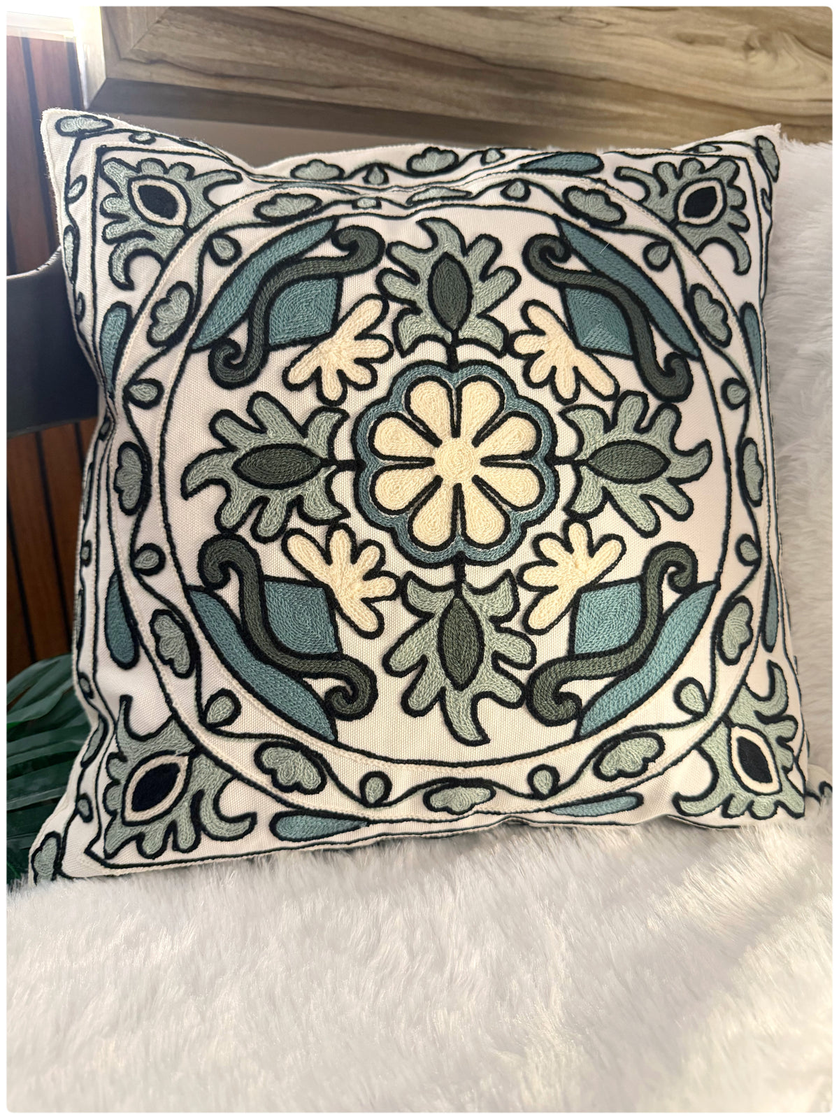 White & Grey Embroidered Cushion Cover