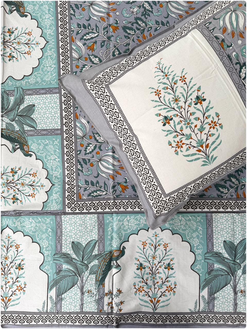 Ethnic Motif Premium Single Bedsheet - Grey & Aqua