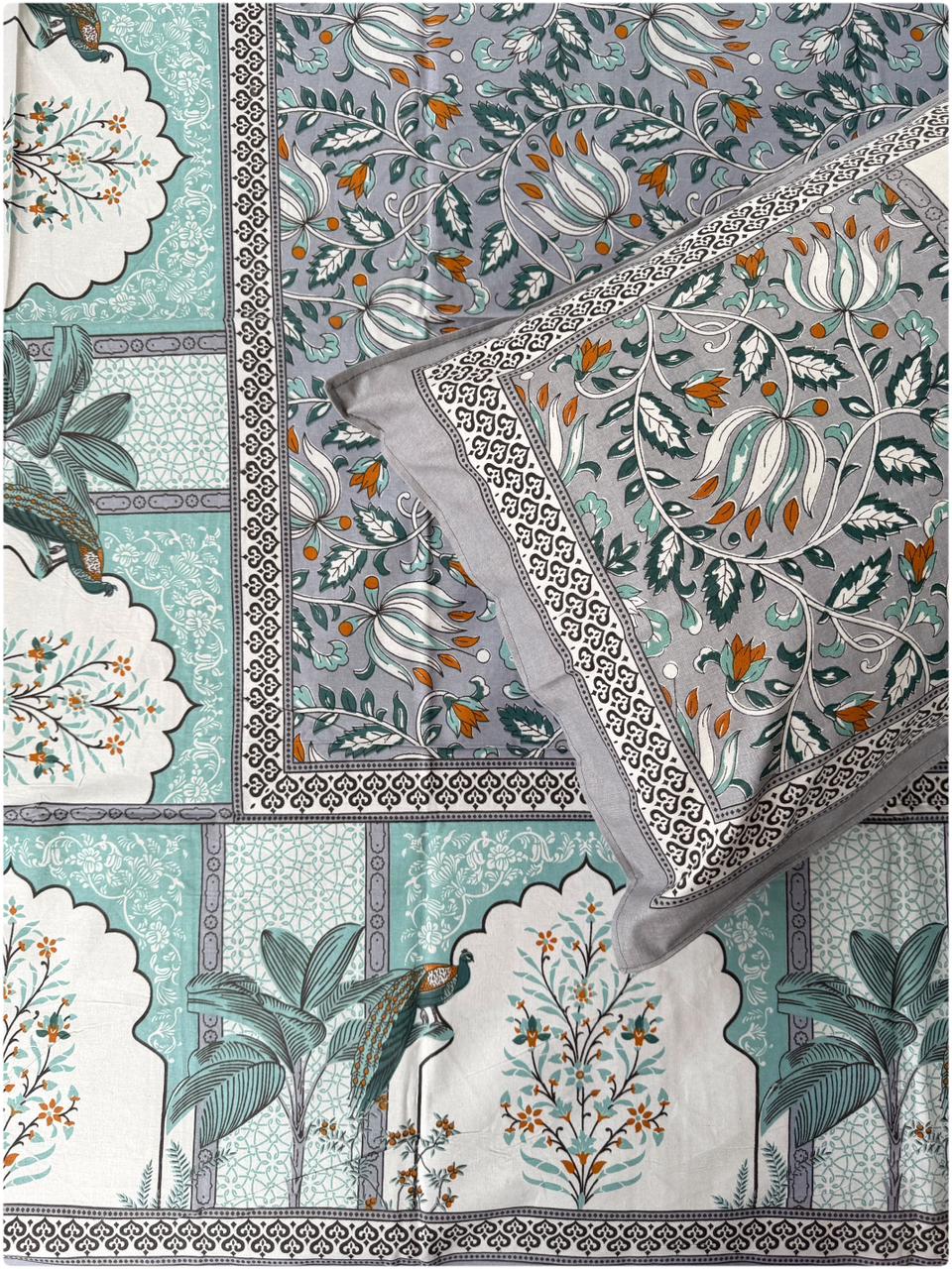 Ethnic Motif Premium Single Bedsheet - Grey & Aqua