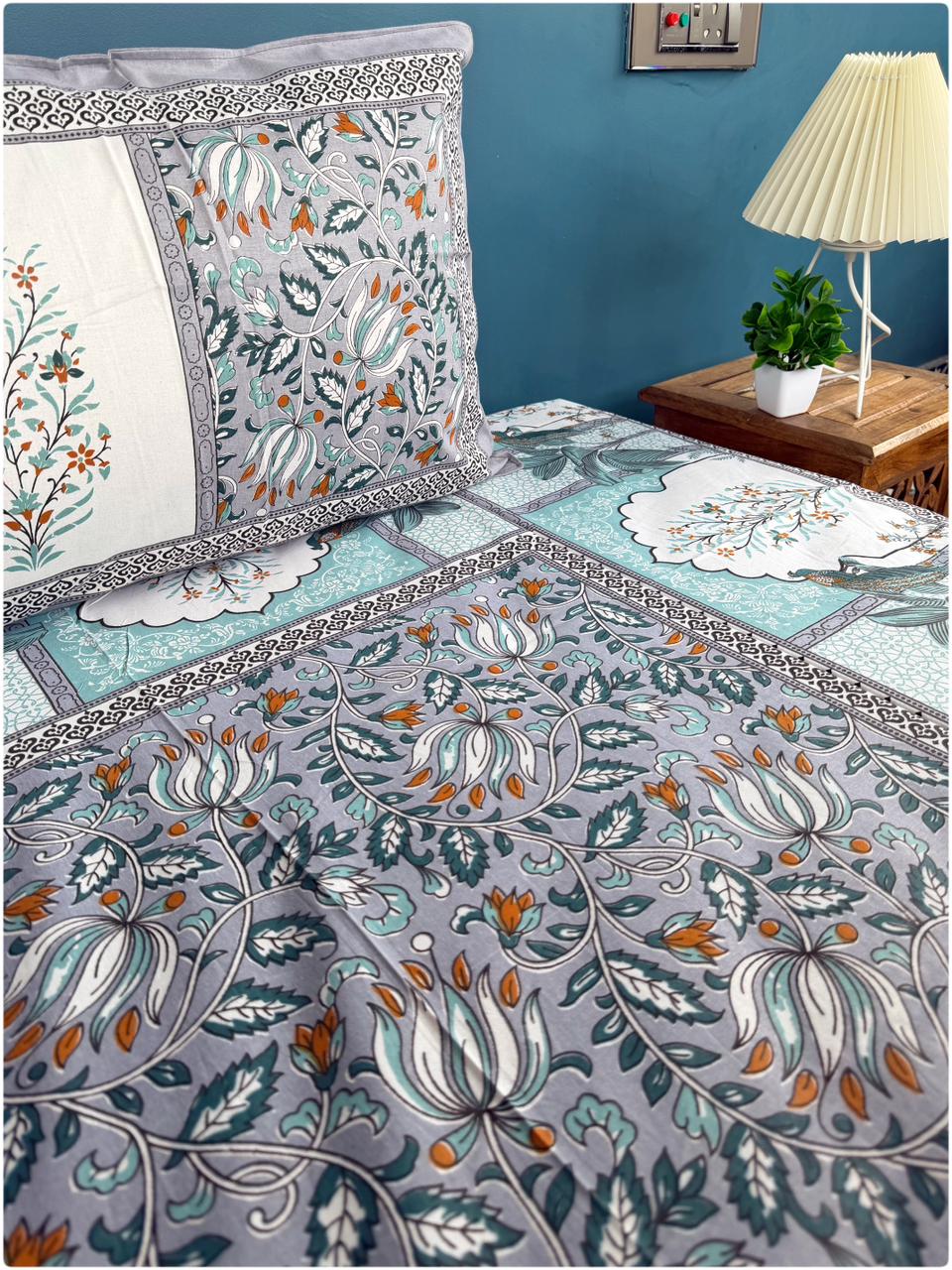 Ethnic Motif Premium Single Bedsheet - Grey & Aqua