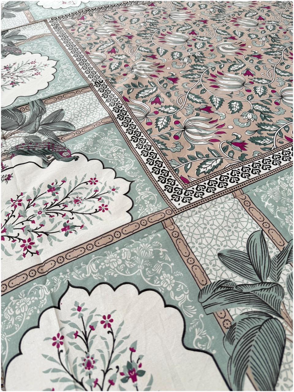 Ethnic Motif Premium Single Bedsheet - Nude Pink & Mint