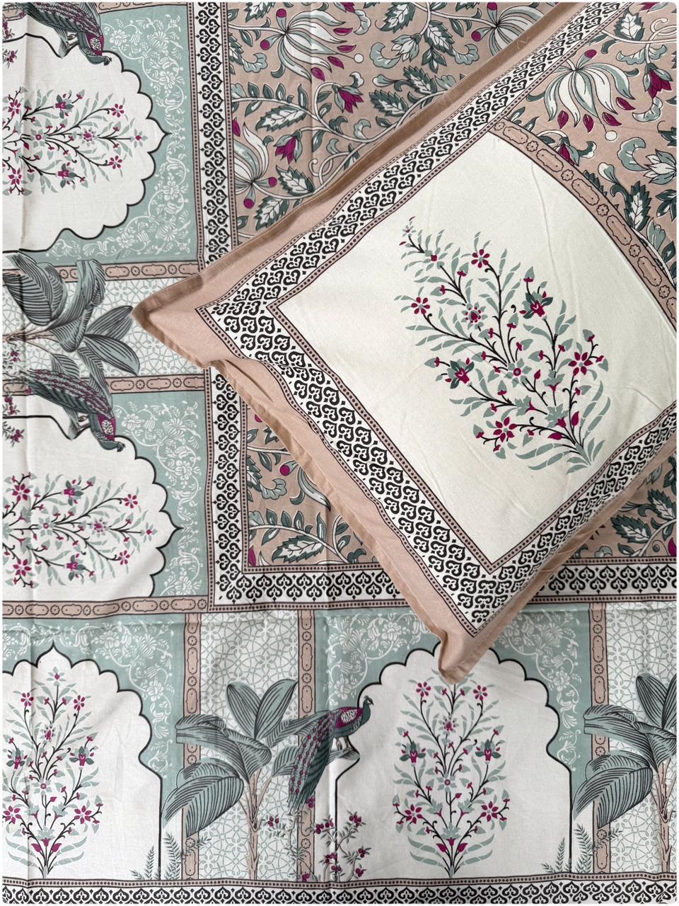 Ethnic Motif Premium Single Bedsheet - Nude Pink & Mint