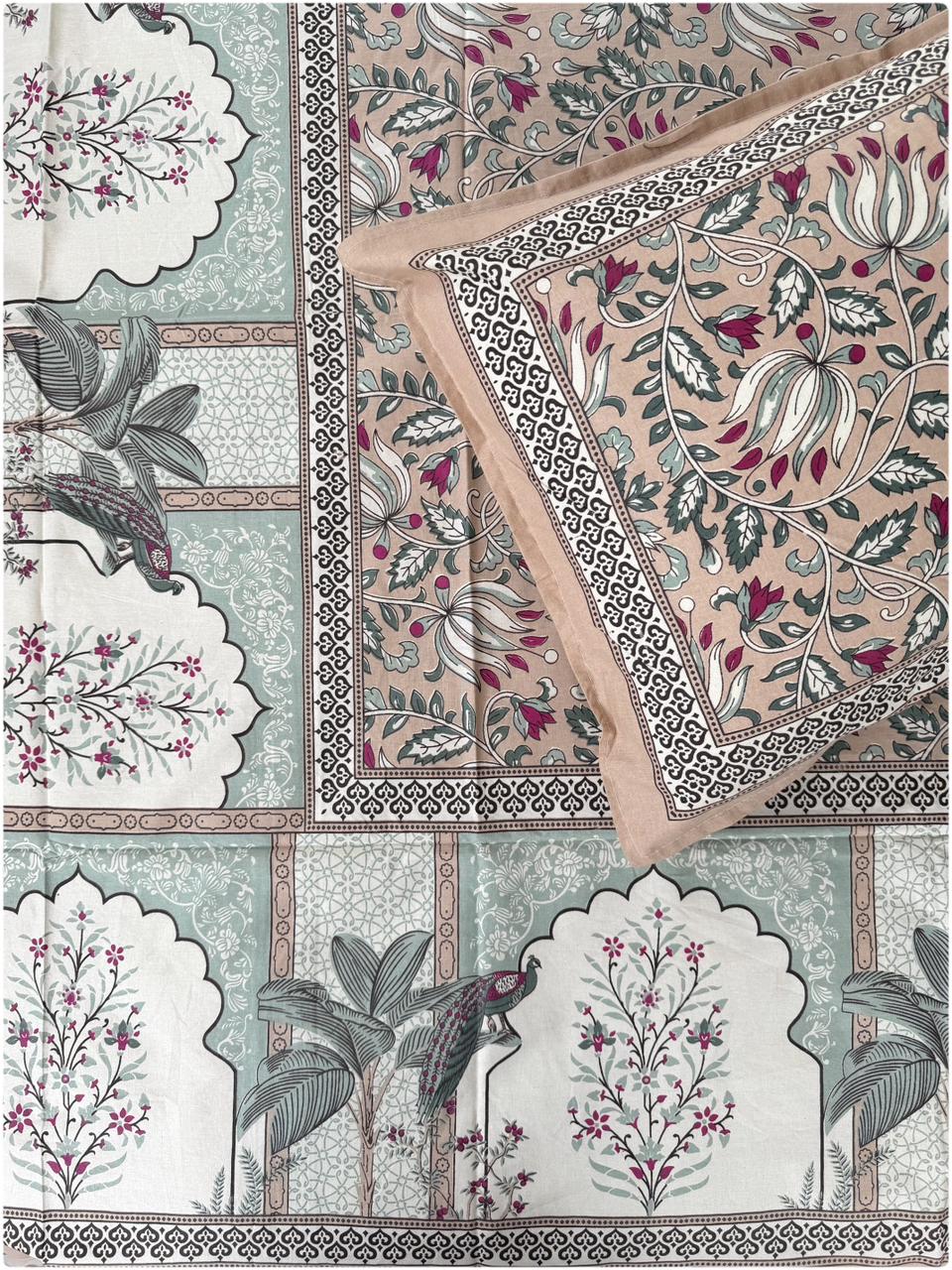 Ethnic Motif Premium Single Bedsheet - Nude Pink & Mint