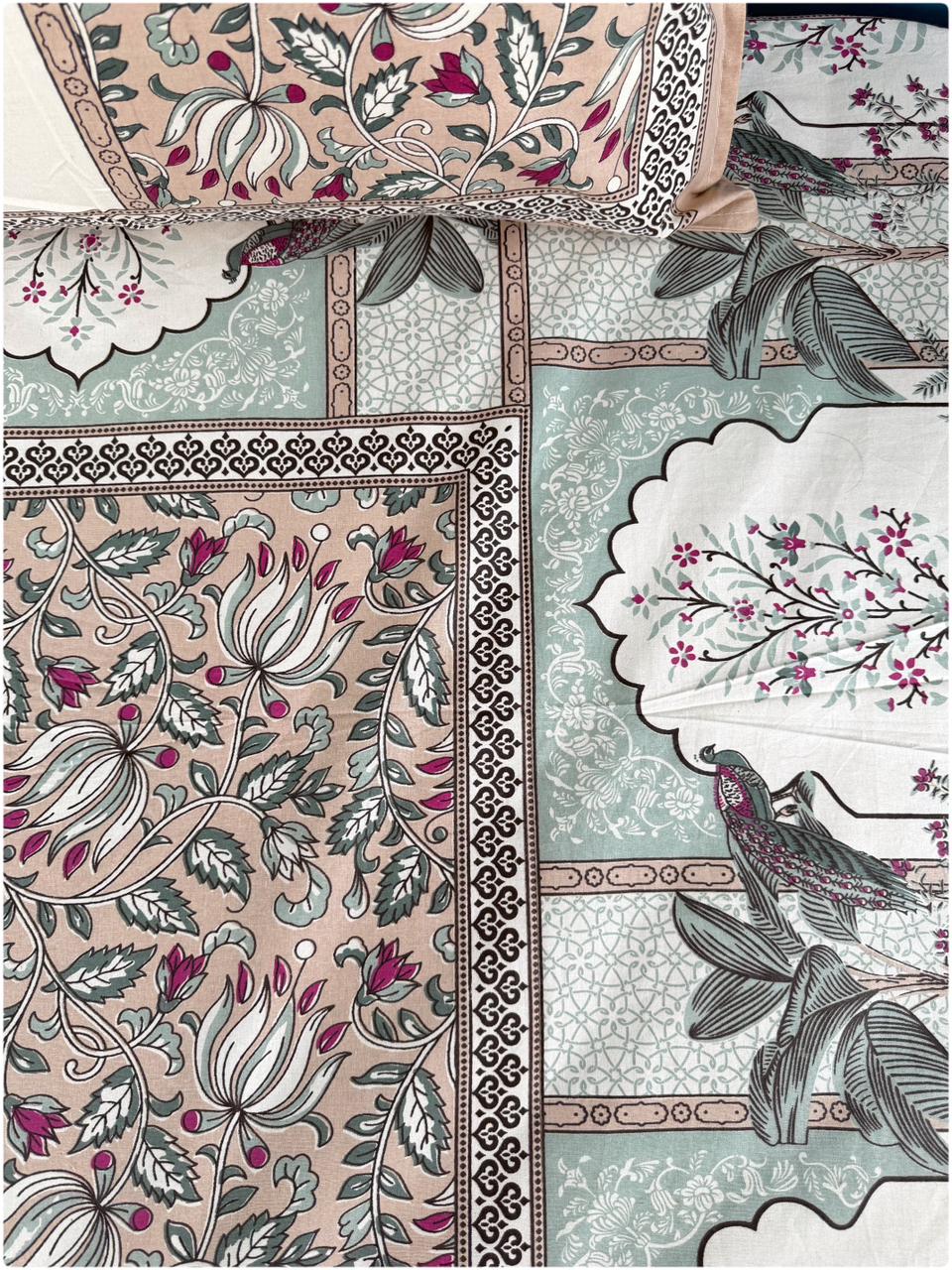Ethnic Motif Premium Single Bedsheet - Nude Pink & Mint