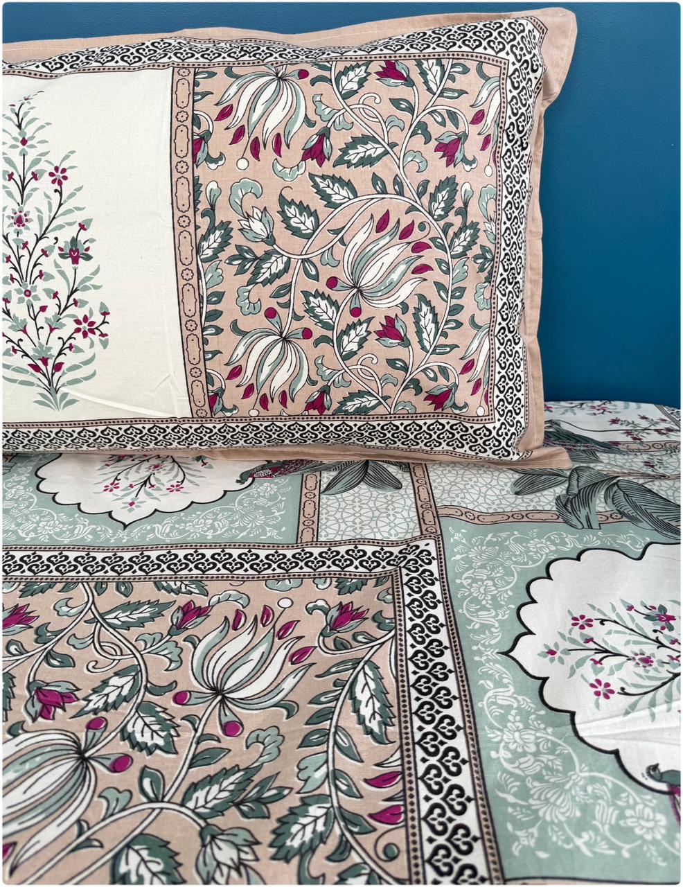 Ethnic Motif Premium Single Bedsheet - Nude Pink & Mint