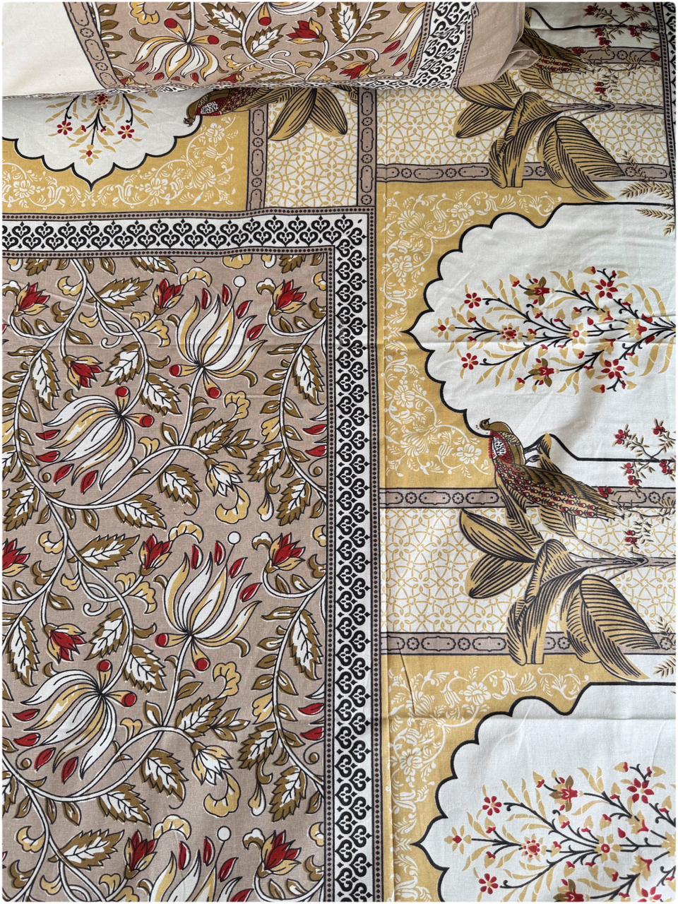 Ethnic Motif Premium Single Bedsheet - Beige & Gold