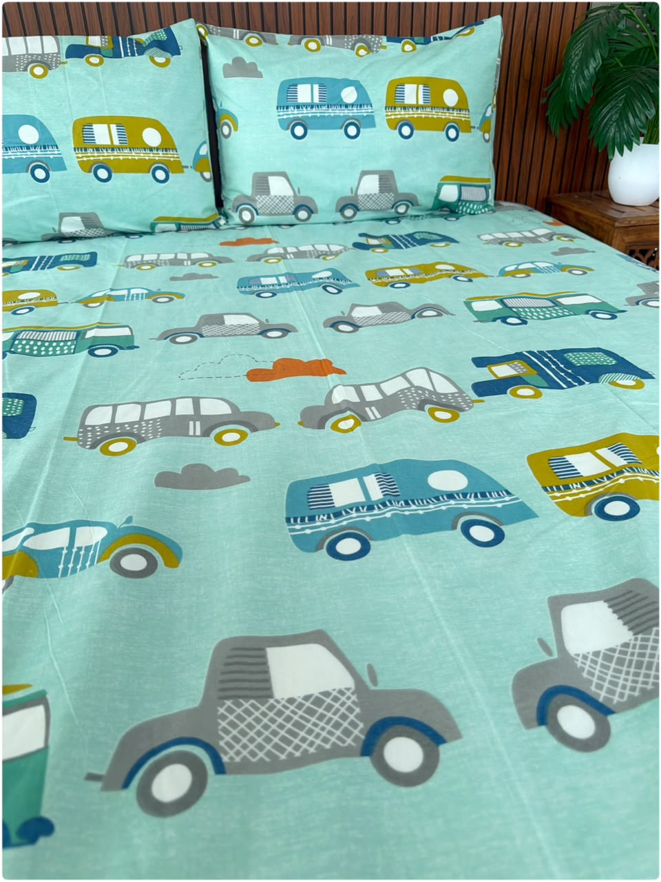 Car Aqua Printed - Kids Bedsheet