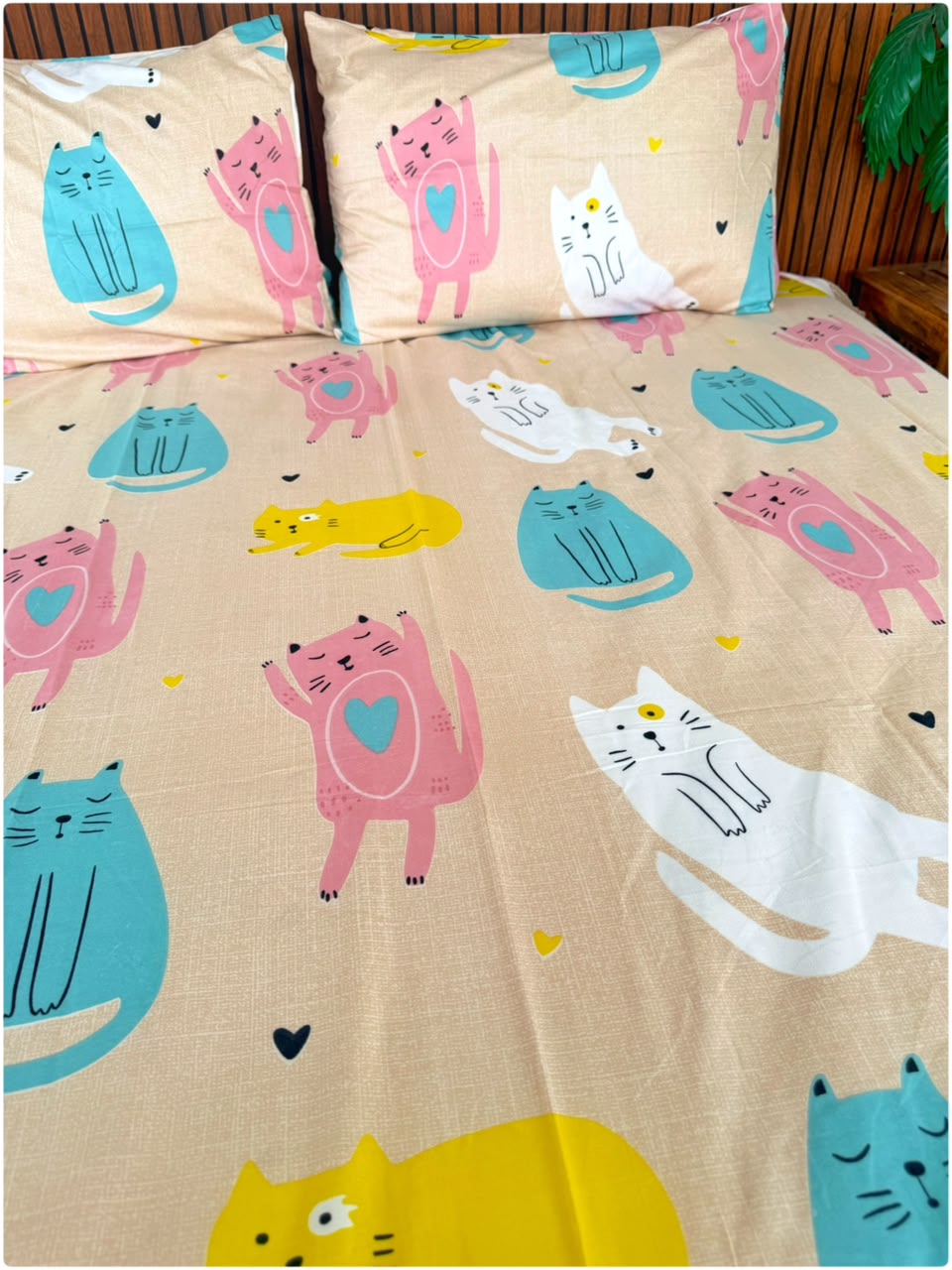 Beige Cat Printed - Kids Bedsheet