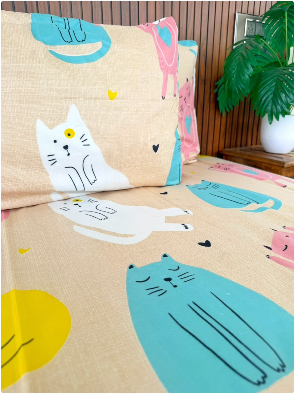 Beige Cat Printed - Kids Bedsheet