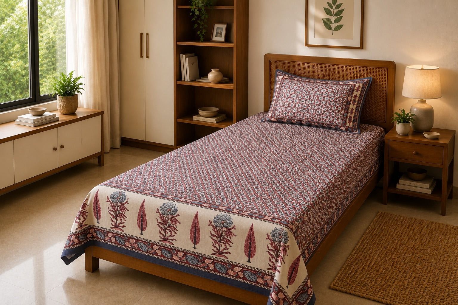 Heritage Printed Single Cotton Bedsheet - Maroon