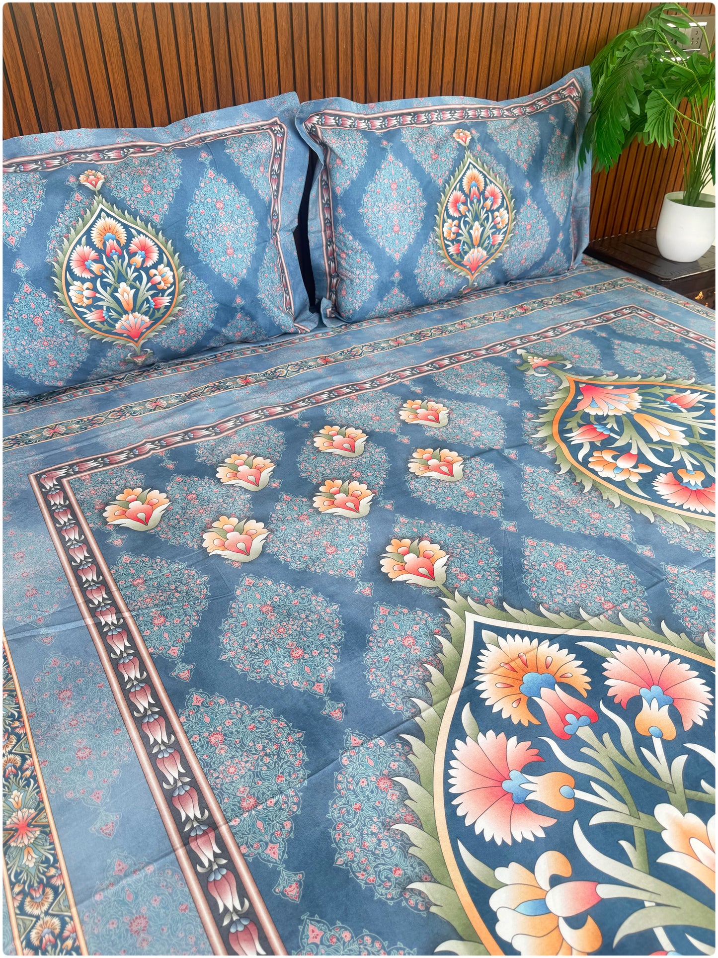 Ethnic Premium Super King Size Bedsheet - 300TC - Blue