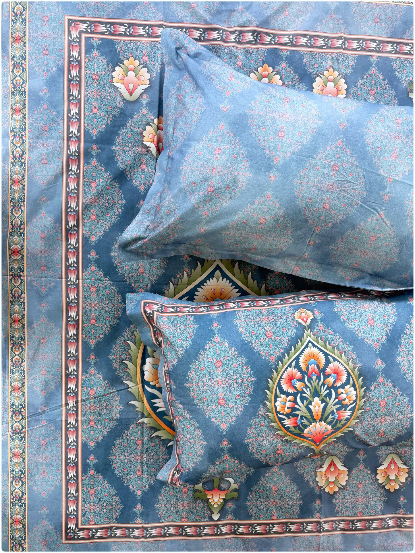 Ethnic Premium Super King Size Bedsheet - 300TC - Blue