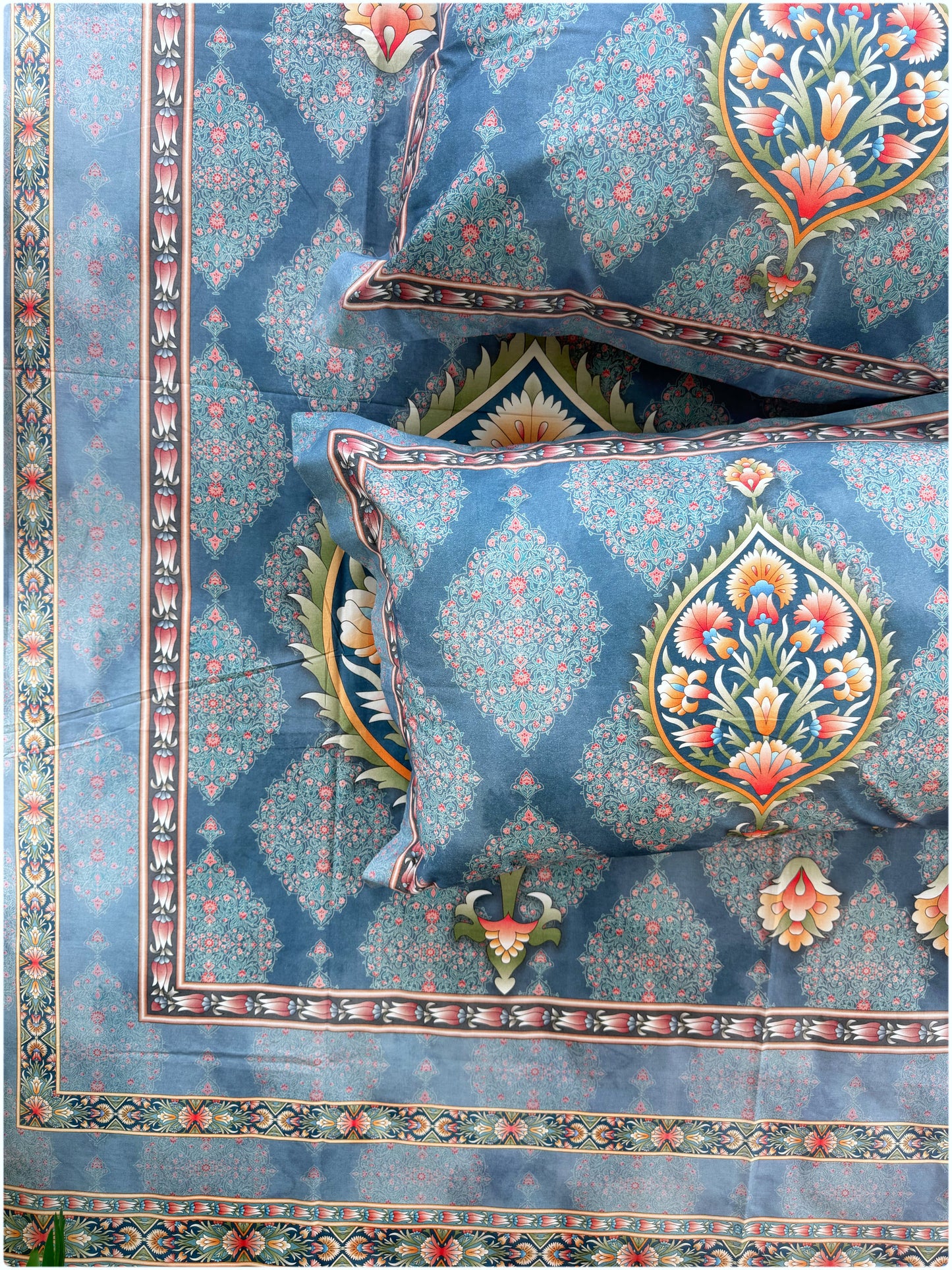 Ethnic Premium Super King Size Bedsheet - 300TC - Blue