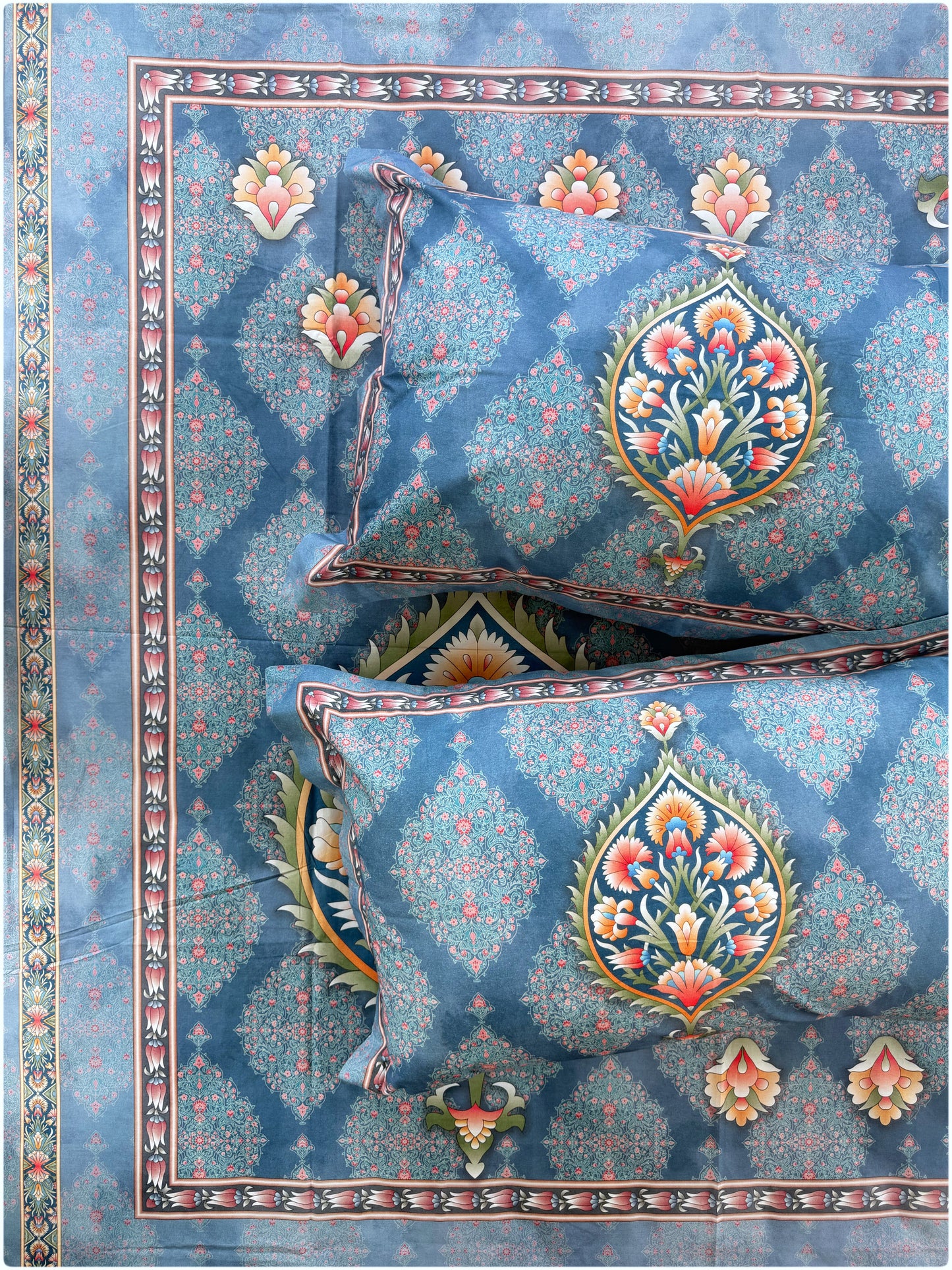 Ethnic Premium Super King Size Bedsheet - 300TC - Blue