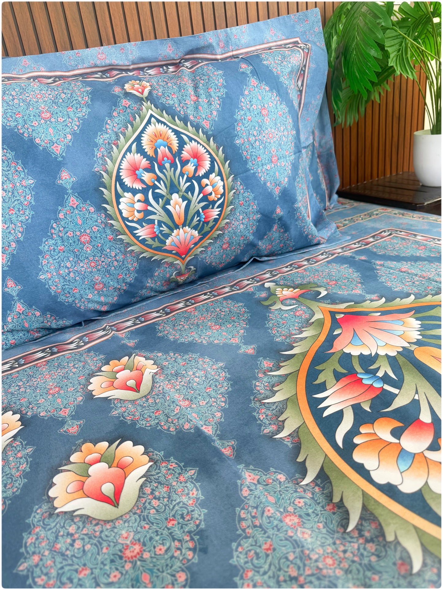Ethnic Premium Super King Size Bedsheet - 300TC - Blue