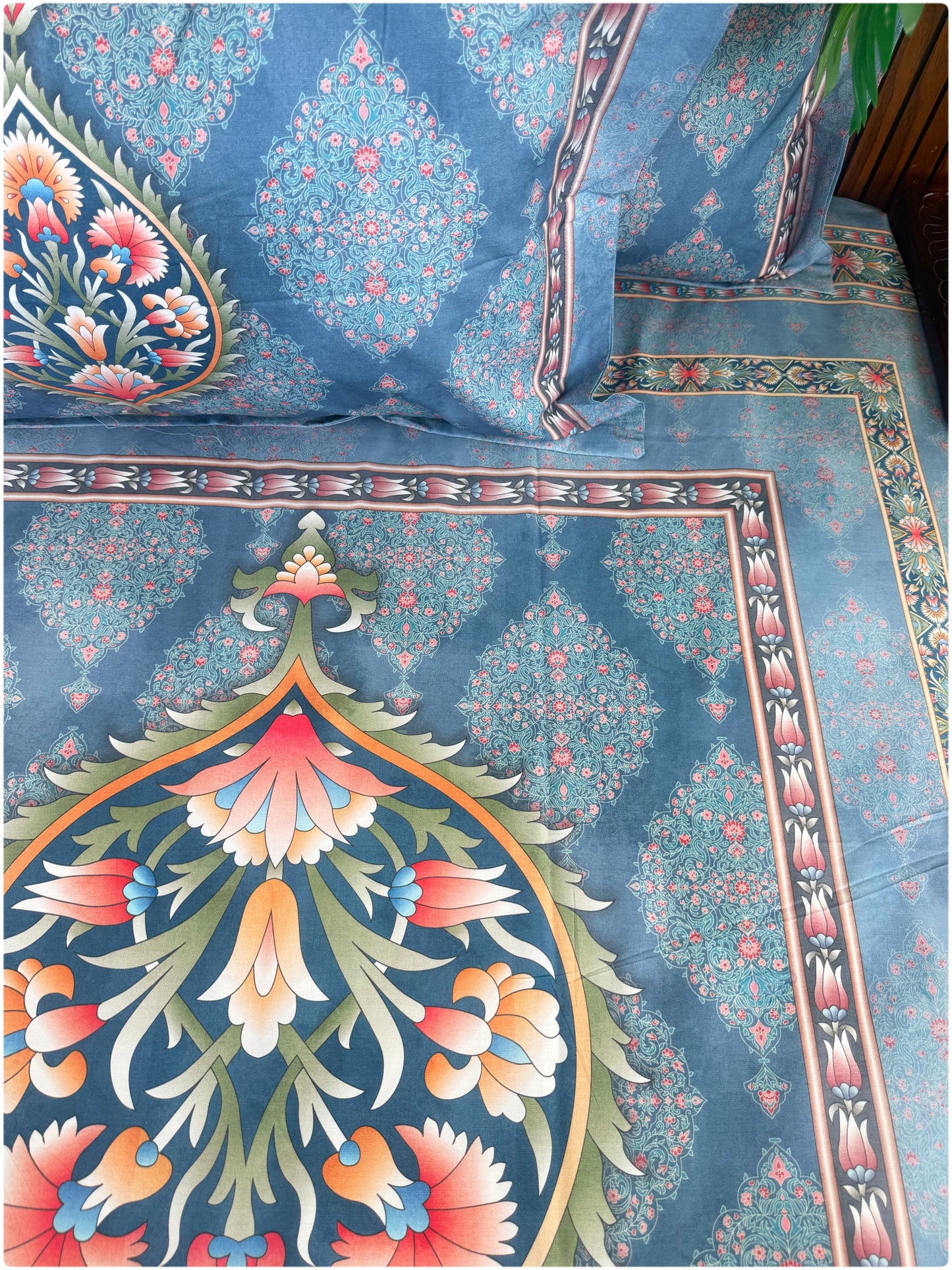 Ethnic Premium Super King Size Bedsheet - 300TC - Blue