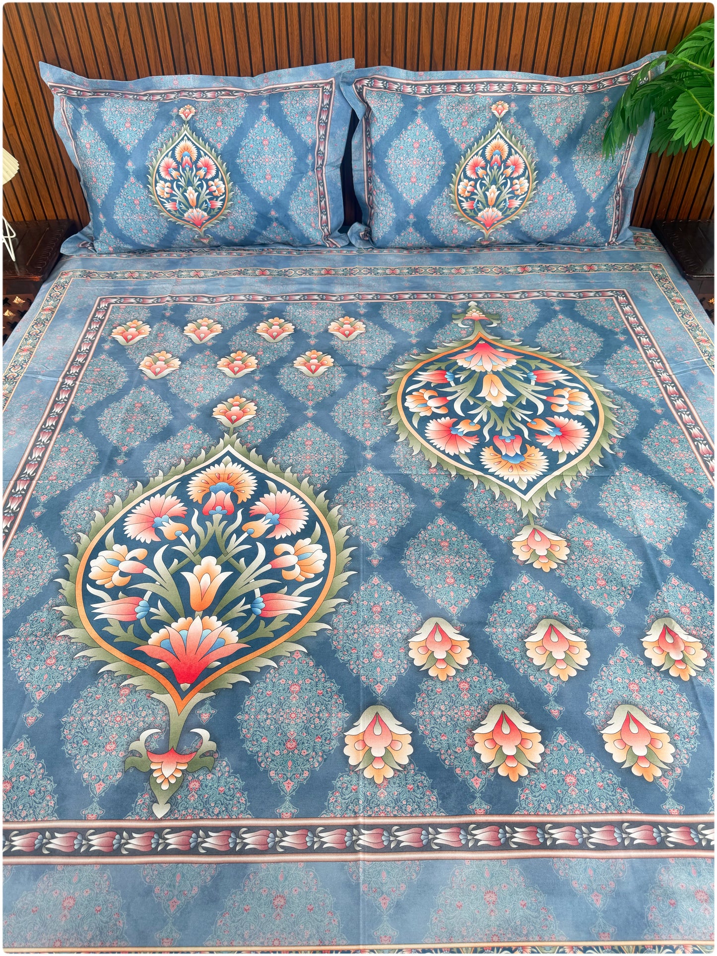 Ethnic Premium Super King Size Bedsheet - 300TC - Blue