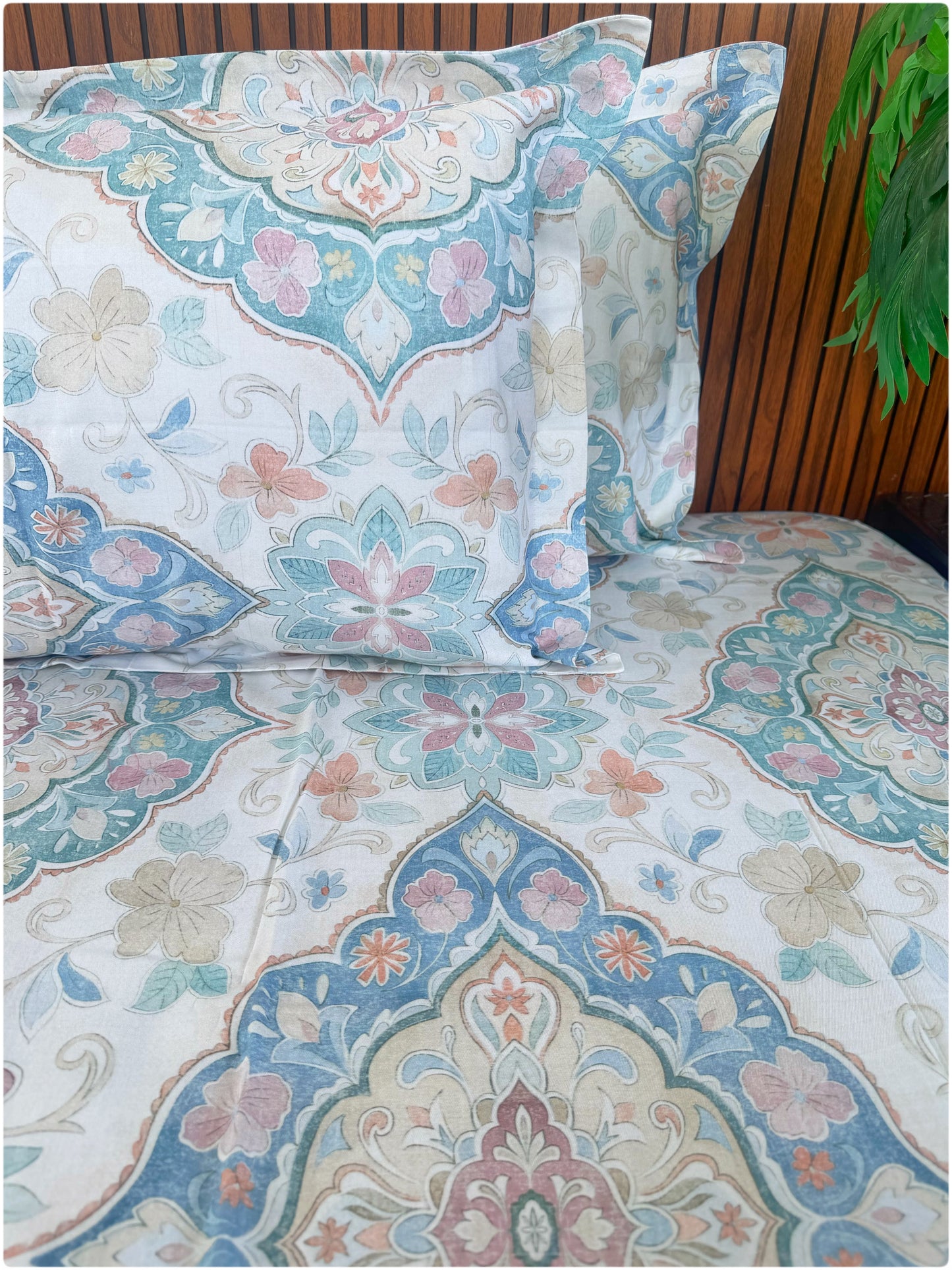 Ethnic Premium Super King Size Bedsheet - 300TC - White Multi Color