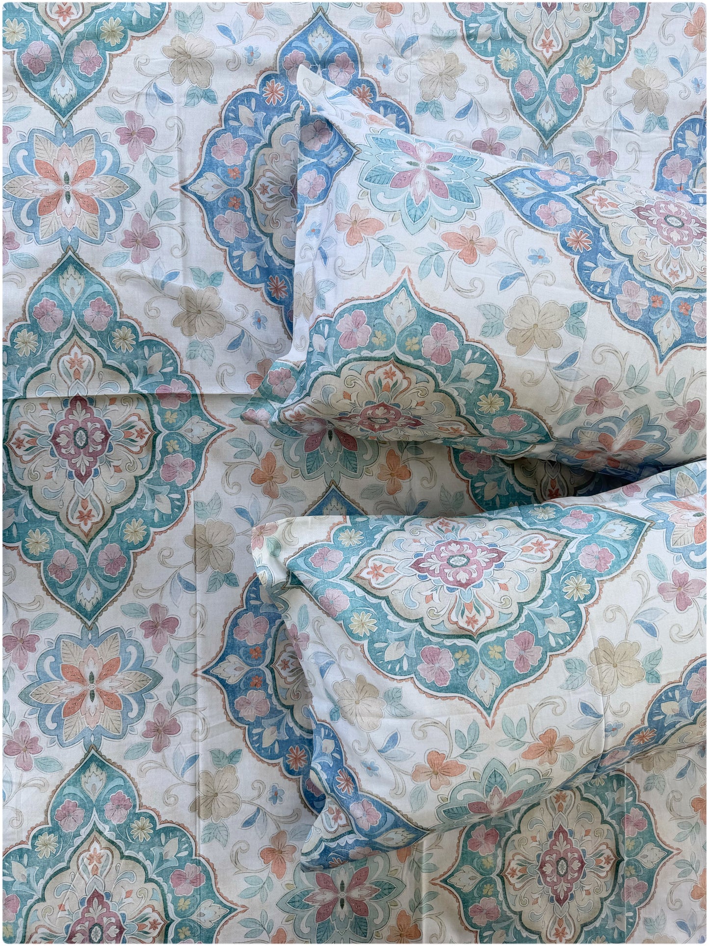 Ethnic Premium Super King Size Bedsheet - 300TC - White Multi Color