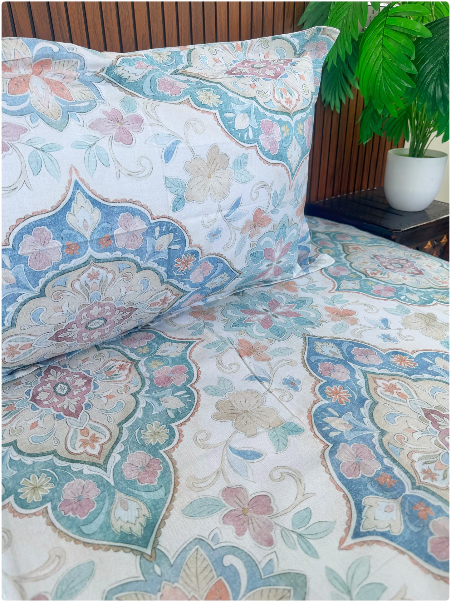 Ethnic Premium Super King Size Bedsheet - 300TC - White Multi Color