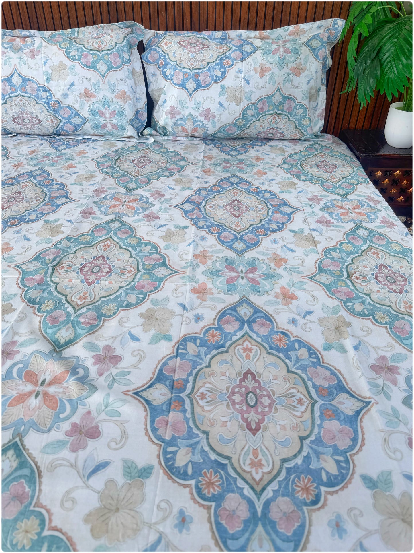 Ethnic Premium Super King Size Bedsheet - 300TC - White Multi Color