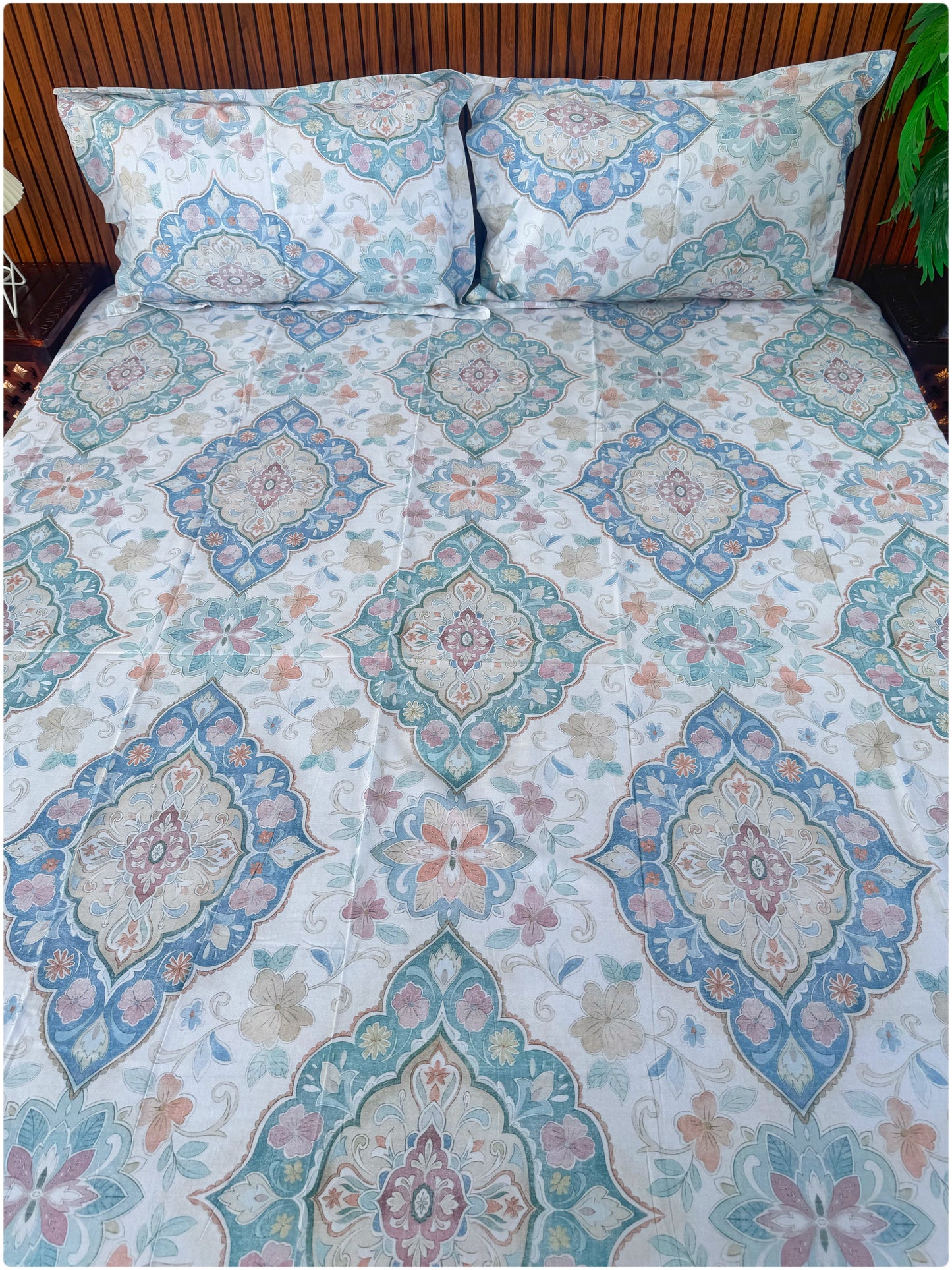 Ethnic Premium Super King Size Bedsheet - 300TC - White Multi Color