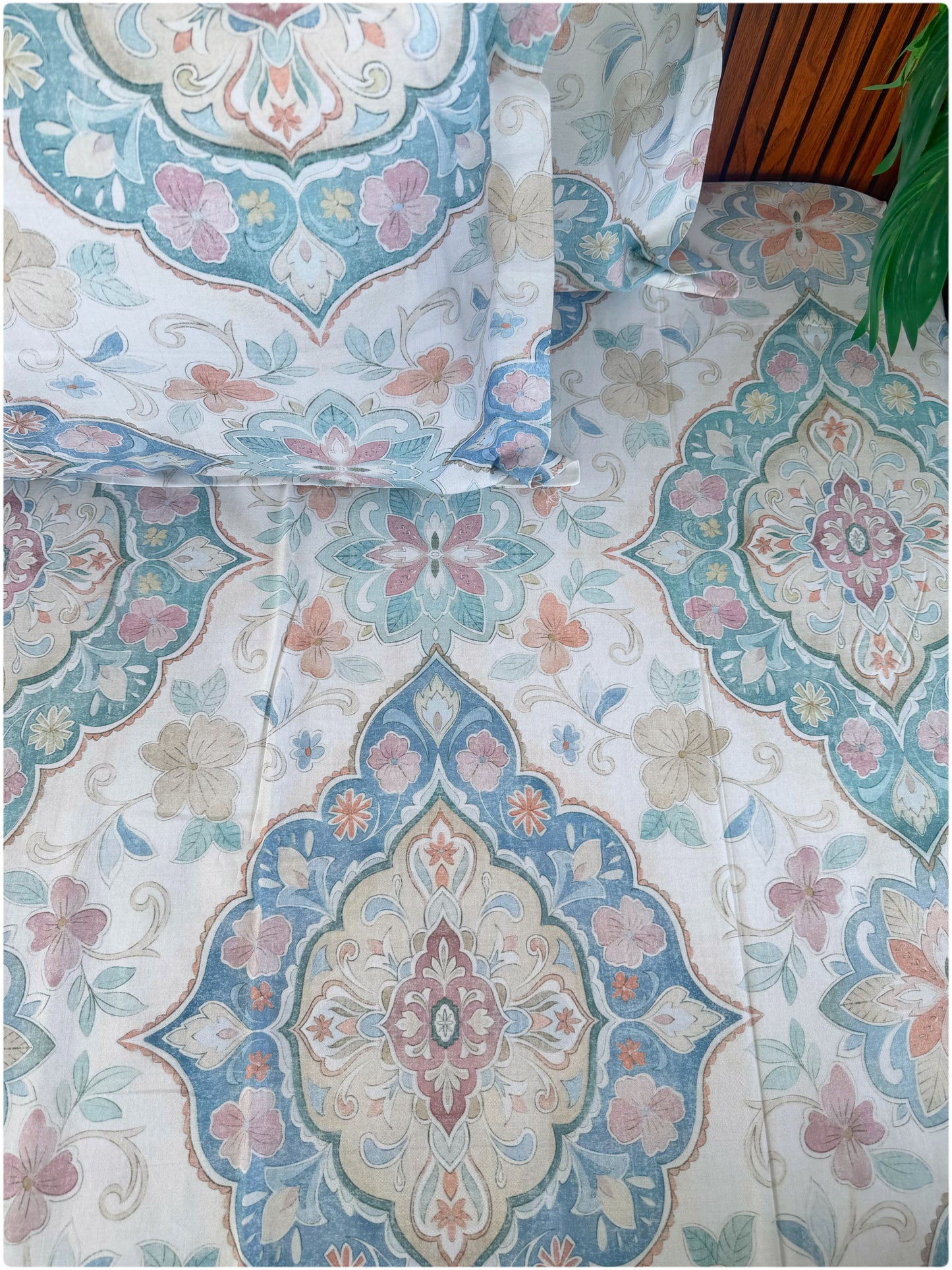 Ethnic Premium Super King Size Bedsheet - 300TC - White Multi Color