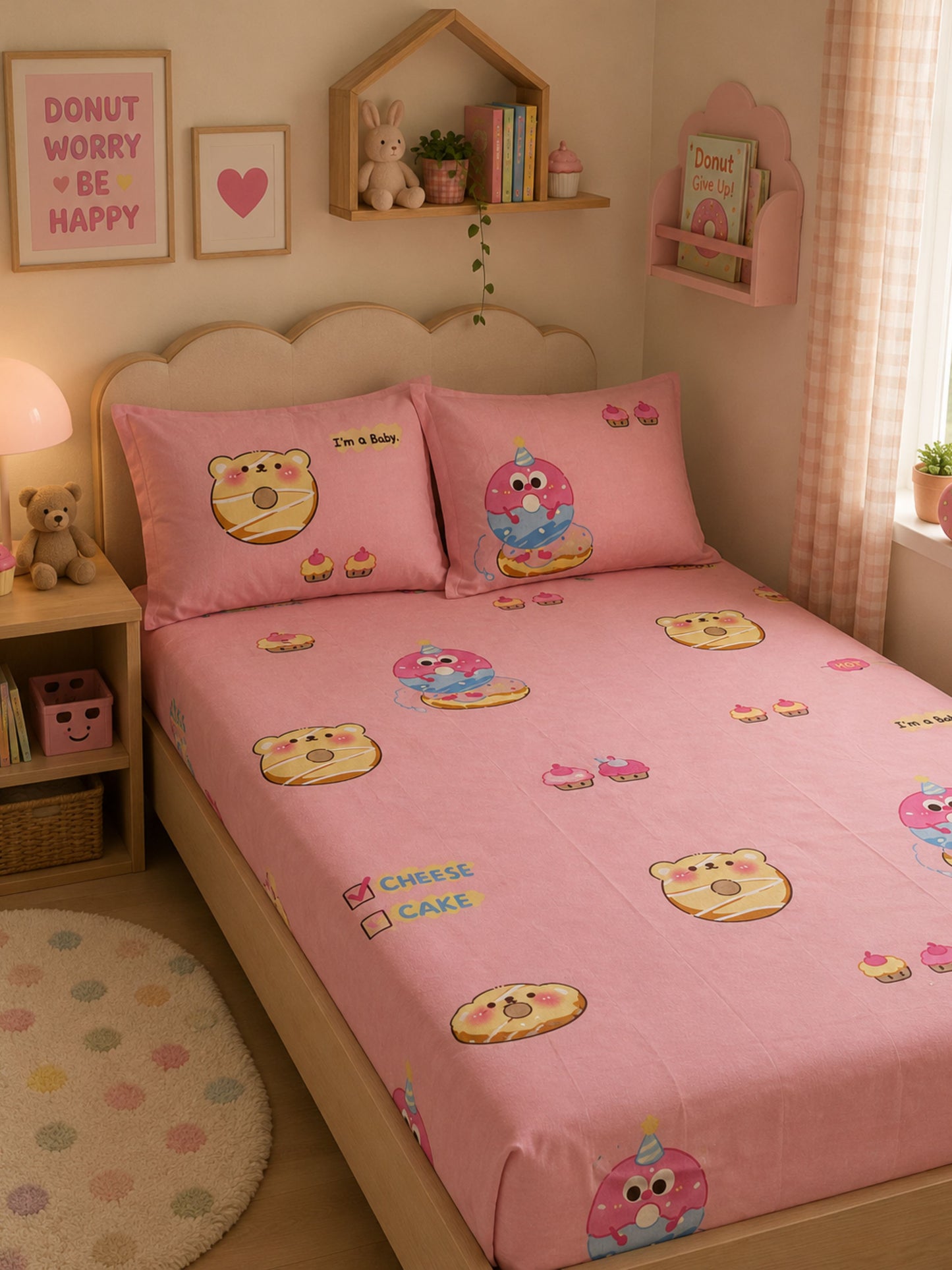 Donut Pink Delight – Kids Sprinkle Bed Sheet Set 180 TC