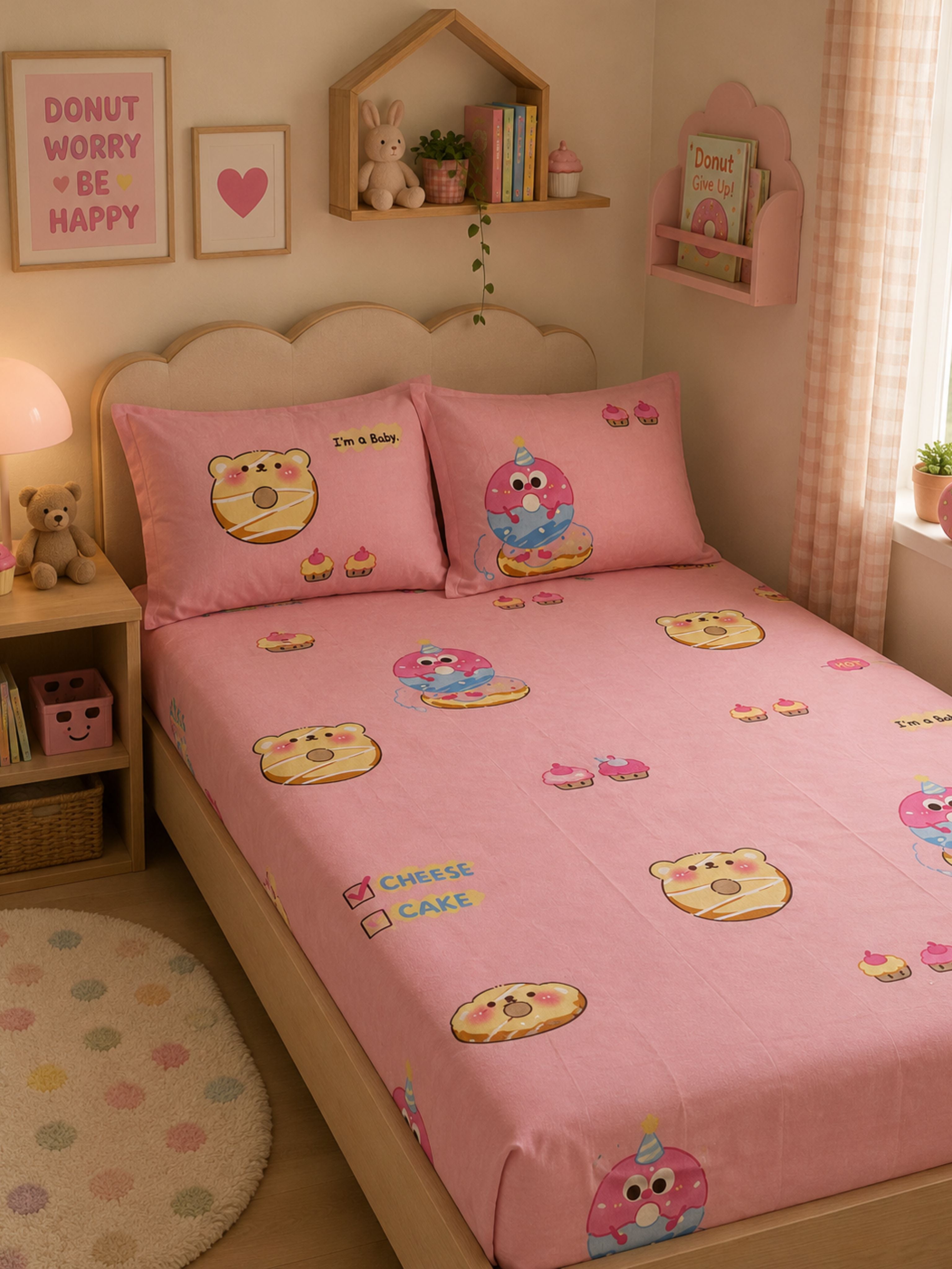 Donut Pink Delight – Kids Sprinkle Bed Sheet Set 180 TC