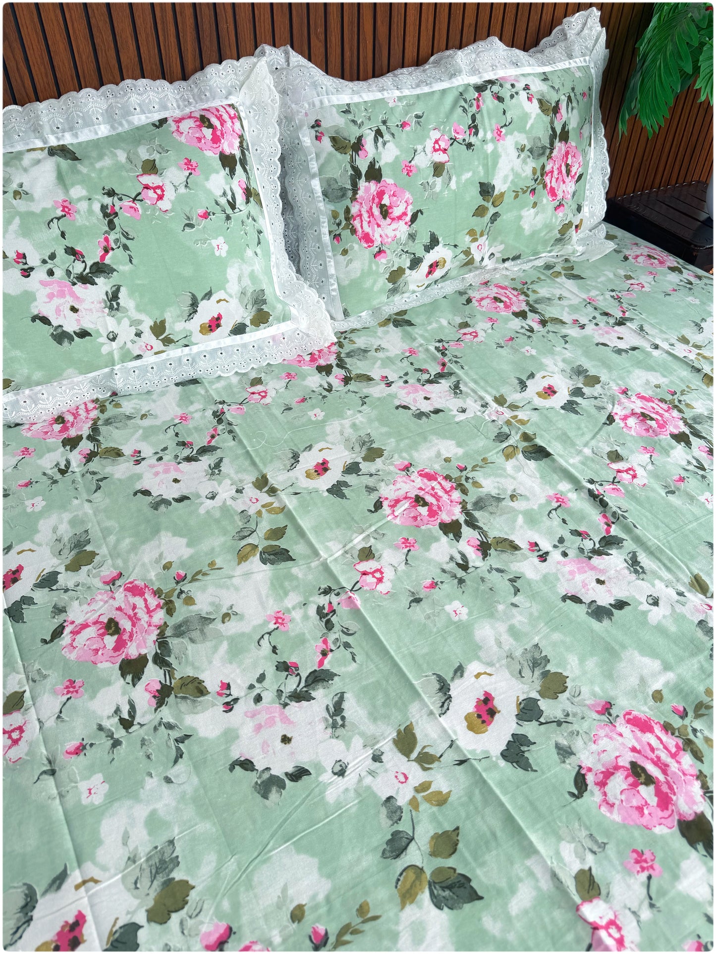 Floral Printed Super King Sized Bedsheet & Pillow Covers with Lace - Lime