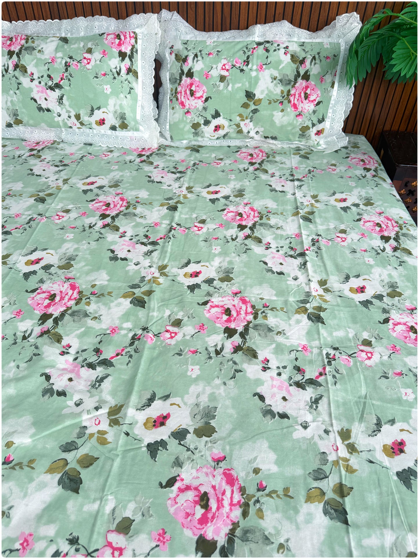 Floral Printed Super King Sized Bedsheet & Pillow Covers with Lace - Lime