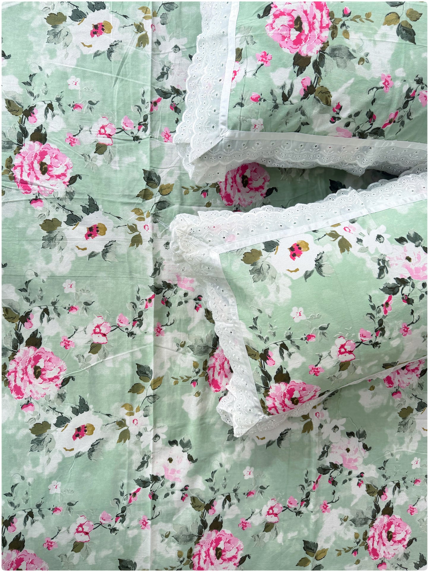 Floral Printed Super King Sized Bedsheet & Pillow Covers with Lace - Lime