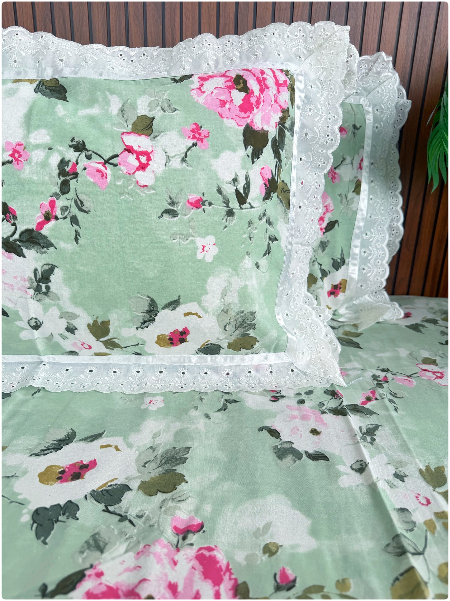 Floral Printed Super King Sized Bedsheet & Pillow Covers with Lace - Lime