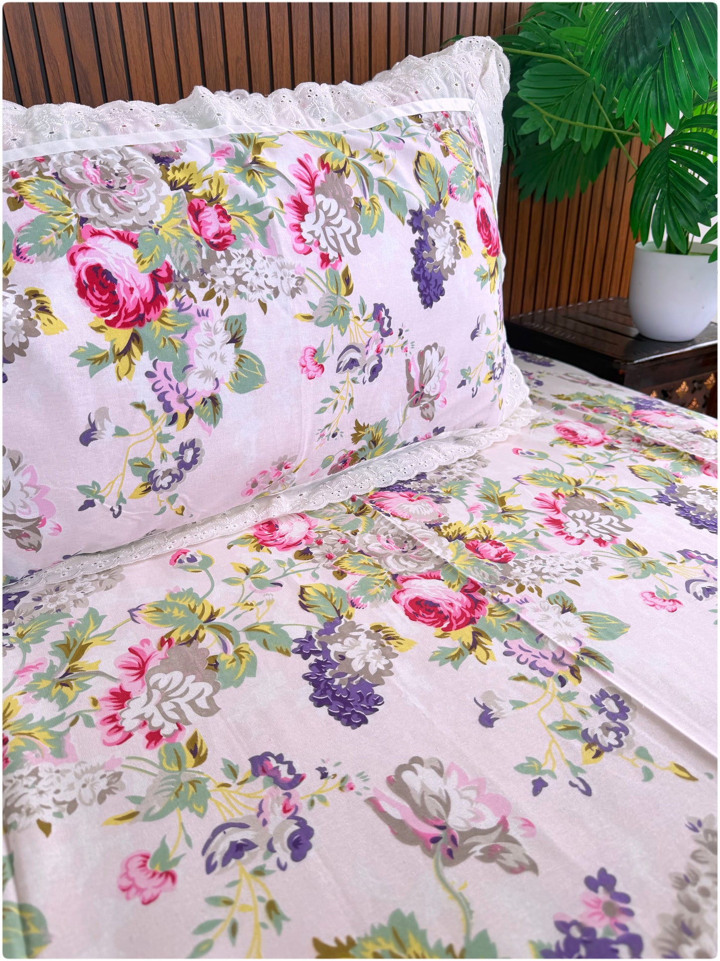 Floral Printed Super King Sized Bedsheet & Pillow Covers with Lace - Baby Pink