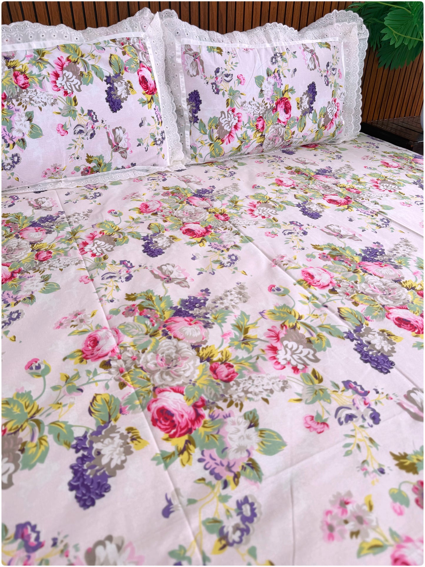 Floral Printed Super King Sized Bedsheet & Pillow Covers with Lace - Baby Pink
