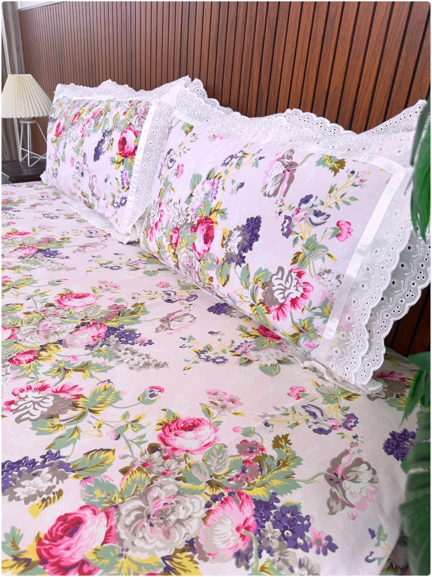 Floral Printed Super King Sized Bedsheet & Pillow Covers with Lace - Baby Pink